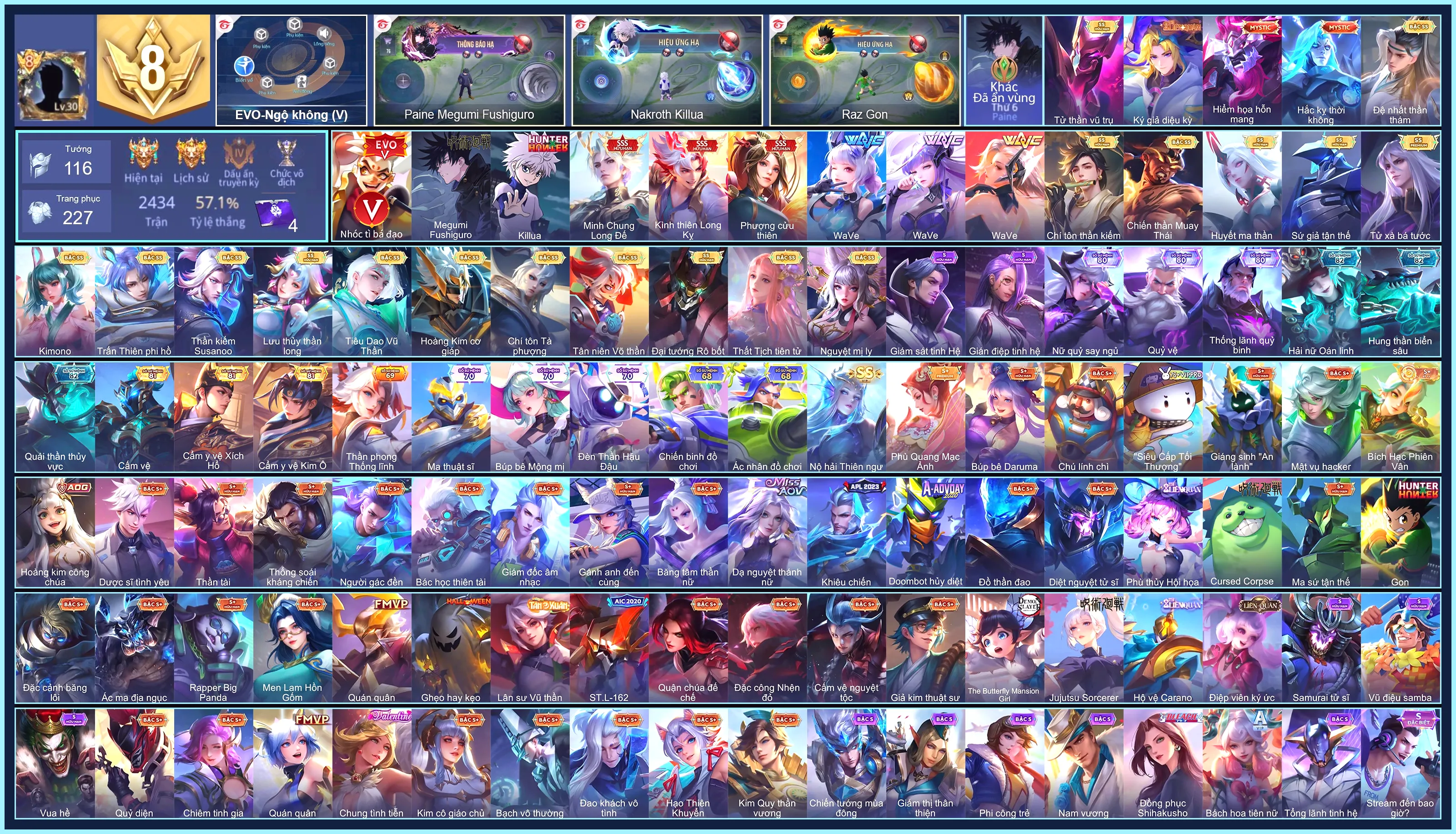 MÁC CHIẾN THẦN, Nakroth Killua, Raz Gon, Paine Megumi Fushiguro, Butterfly Phượng Cửu Thiên, Triệu Vân Minh Chung Long Đế, Bijan Kình thiên Long Kỵ... GARENA CHỈ CÀI SDT, FB RIP
