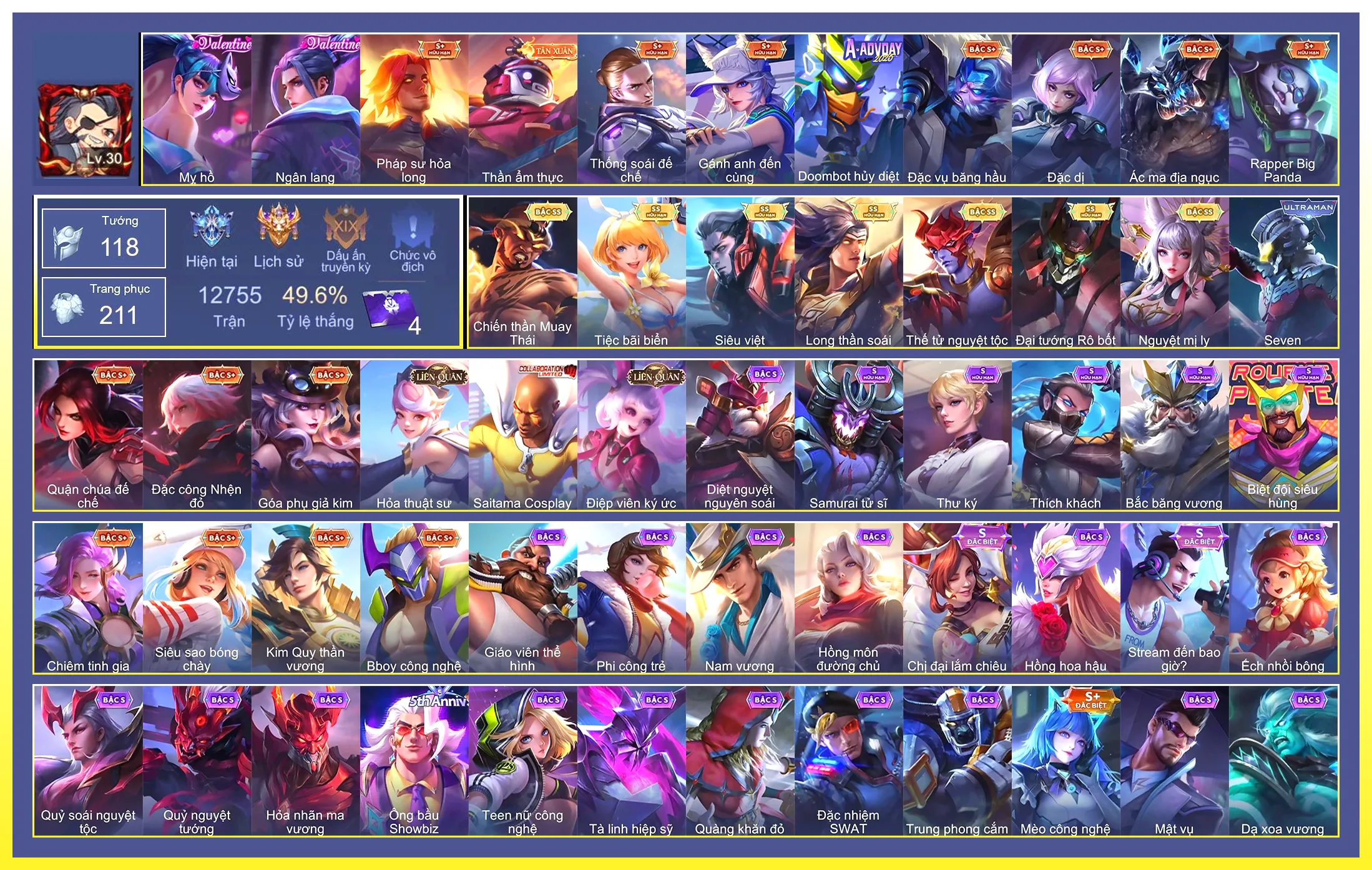 Yorn Thế Tử Nguyệt Tộc, Yorn Long thần soái, Liliana Nguyệt mị ly, Violet Tiệc bãi biển, Murad Siêu việt, Maloch Đại Tướng Robot, Raz Chiến thần Muay Thái…