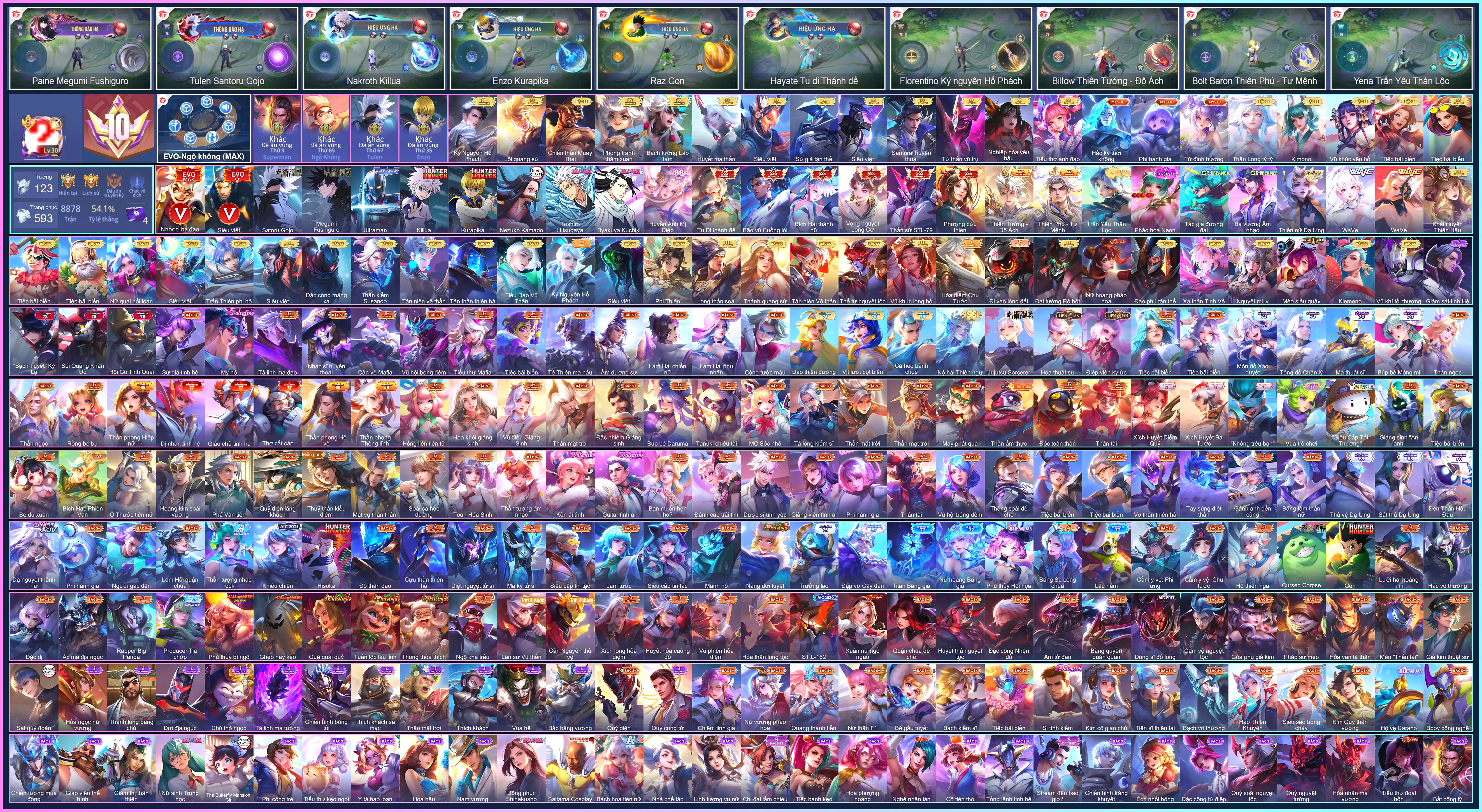 (VIP 10) MÁC CHIẾN THẦN, 6 SSS, NHIỀU ANIME: Tulen Satoru Gojo, Murad Byakuya Kuchiki, Raz Gon, Paine Megumi Fushiguro, Nakroth Killua, Zata Tác gia đương đại, Keera Nezuko Kamado, Ryoma Ultraman, Enzo Kurapika, Bright Toshiro Hitsugaya...