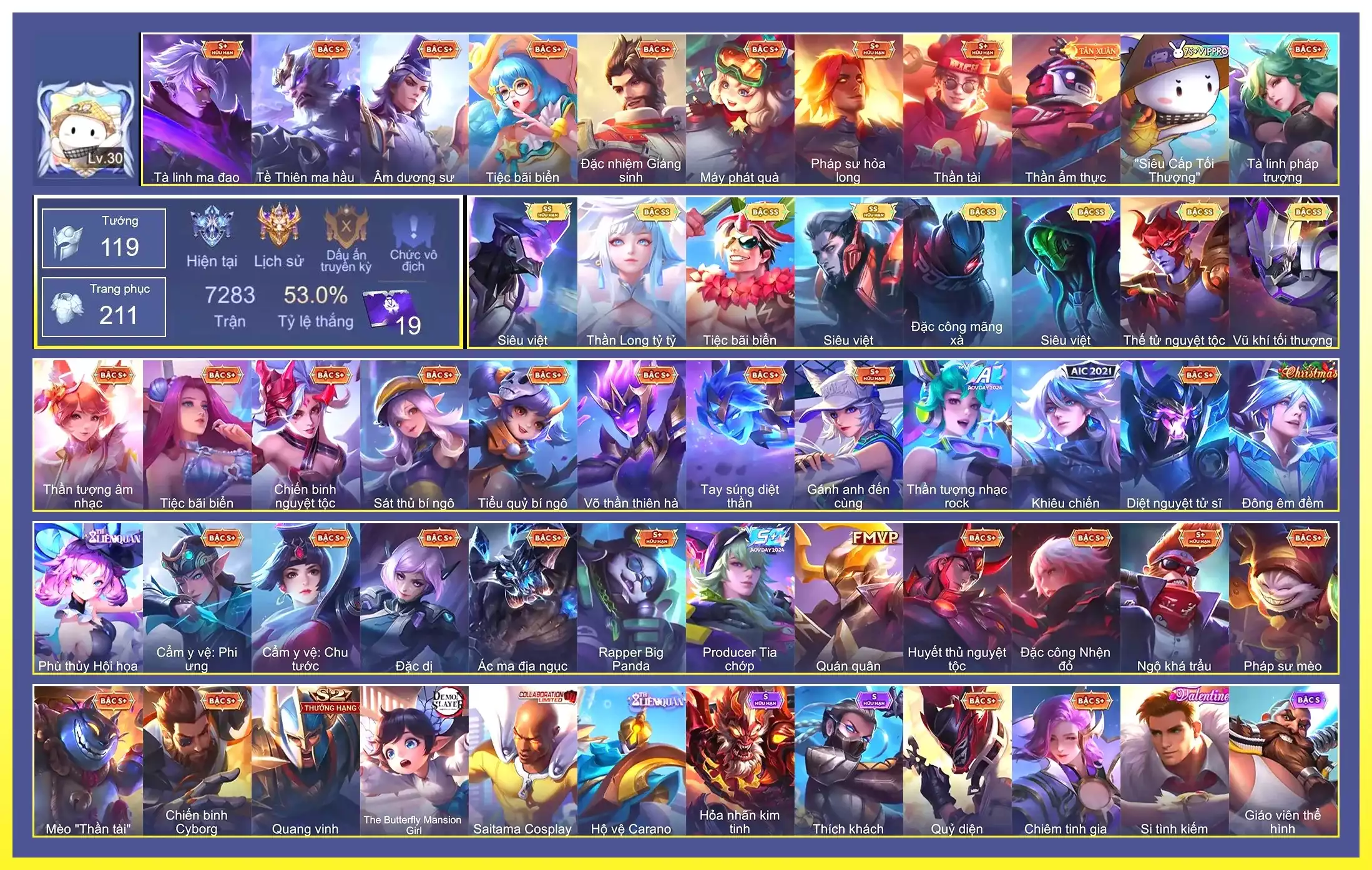Valhein Vũ khí tối thượng, Violet Thần long tỷ tỷ, Yorn Thế Tử Nguyệt Tộc, Zephys Siêu việt, Lữ Bố Tiệc Bãi Biển, Murad Siêu việt, Quillen Đặc công mãng xà, Raz Siêu việt…