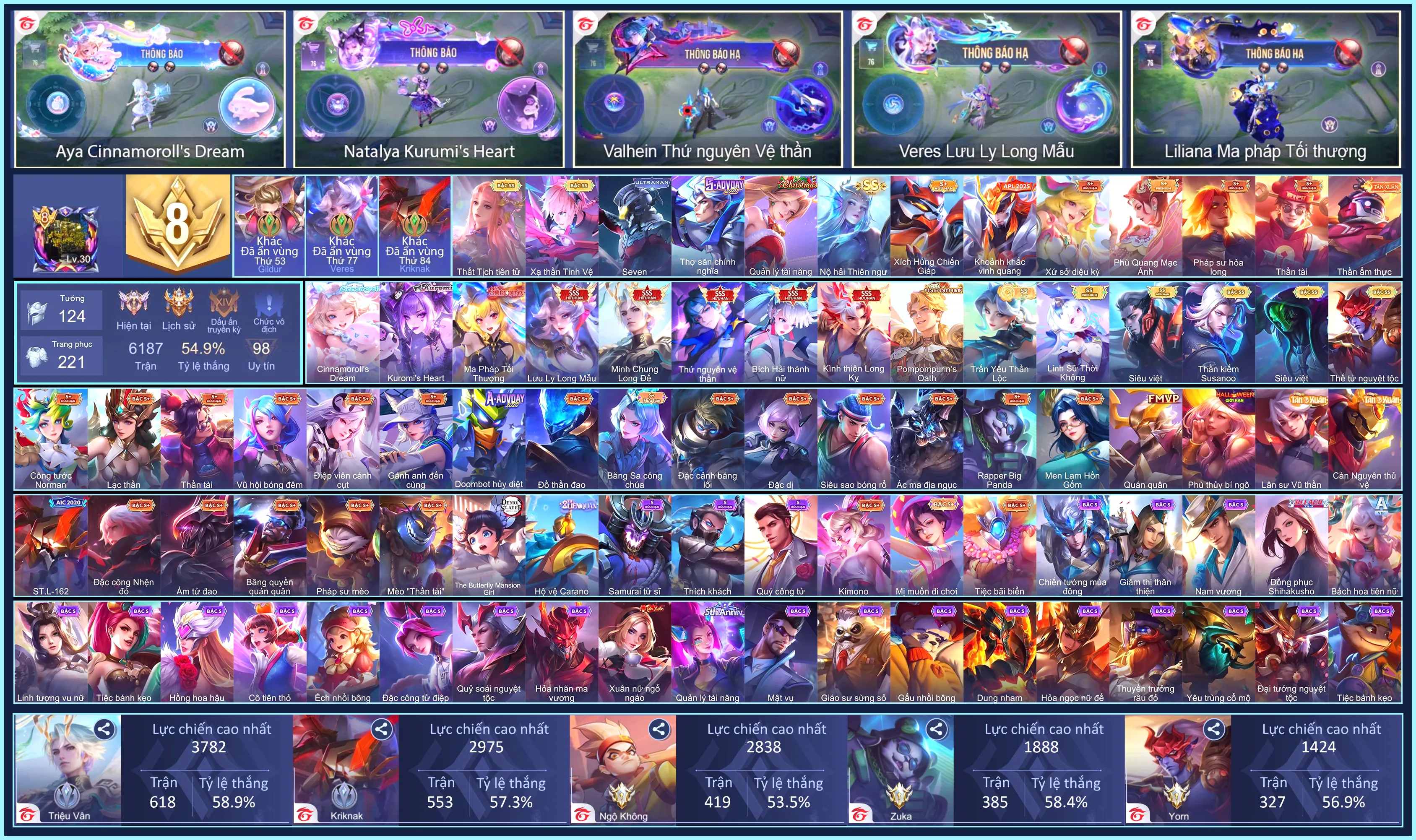 CHUYÊN NỮ: Natalya Kurumis Heart, Aya Cinnamorolls Dream, Valhein Thứ Nguyên Vệ Thần, Triệu Vân Minh Chung Long Đế, Airi Bích hải thánh nữ, Liliana Ma Pháp Tối Thượng, Veres Lưu ly Long mẫu, Bijan Kình thiên Long Kỵ...