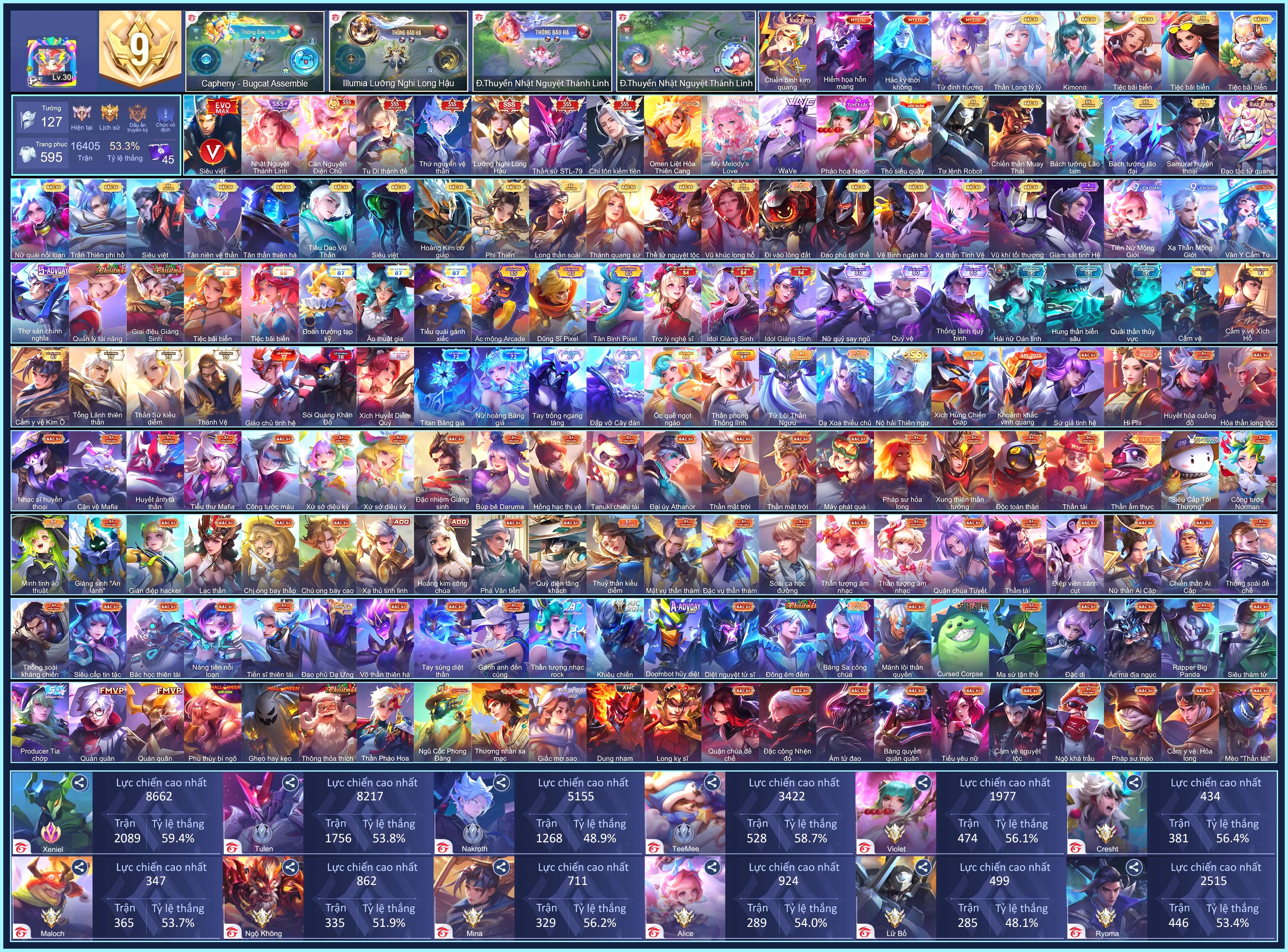 (VIP 9) MÁC CHIẾN THẦN, Ilumia Lưỡng Nghi Long Hậu, Nakroth thứ nguyên vệ thần, Điêu Thuyền Nhật Nguyệt Thánh Linh, Hayate Tu Di Thánh Đế, Capheny Càn Nguyên Điện Chủ, Tulen Chí tôn kiếm tiên, Tulen Thần sứ ST.L-79...