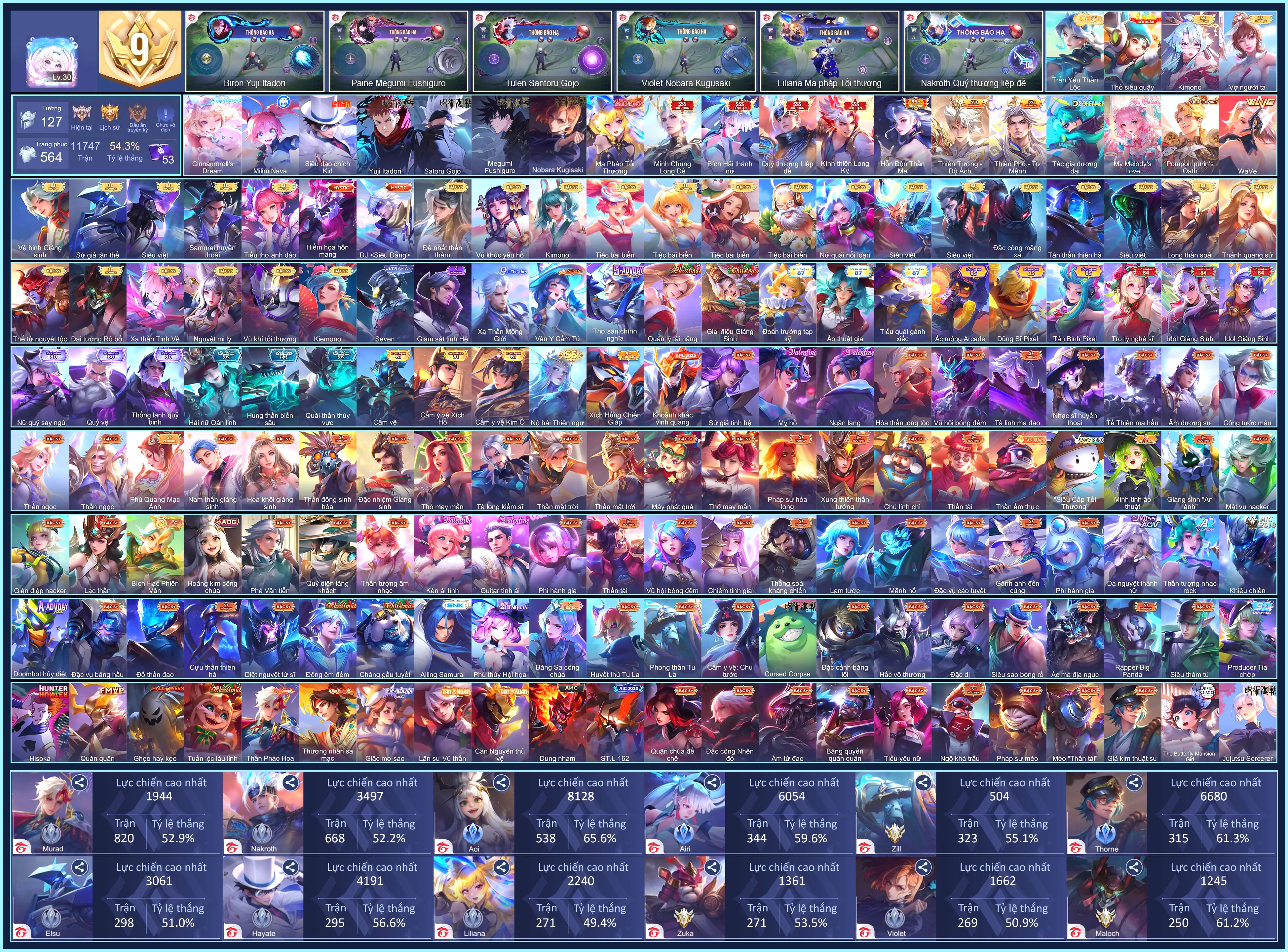 (VIP 9) Nakroth Quỷ Thương Liệp Đế, Liliana Ma Pháp Tối Thượng, Paine Megumi Fushiguro, Aya Cinnamorolls Dream, Biron Yuji Itadori, Tulen Satoru Gojo, Qi Milim Nava...