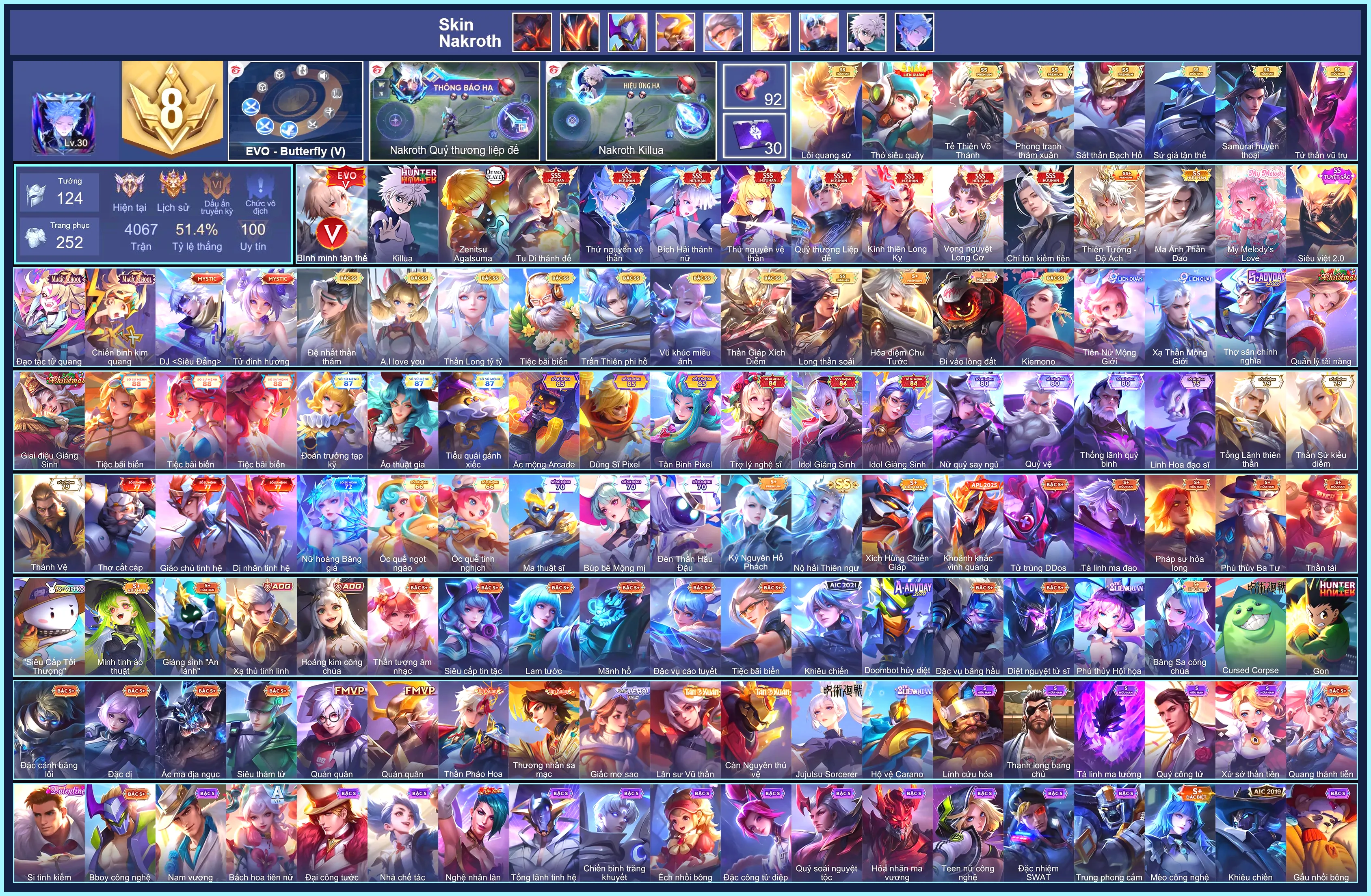 CHUYÊN NAKROTH, Butter EVO 5, 8 SKIN SSS, Nakroth Killua, Murad Zenitsu Agatsuma...