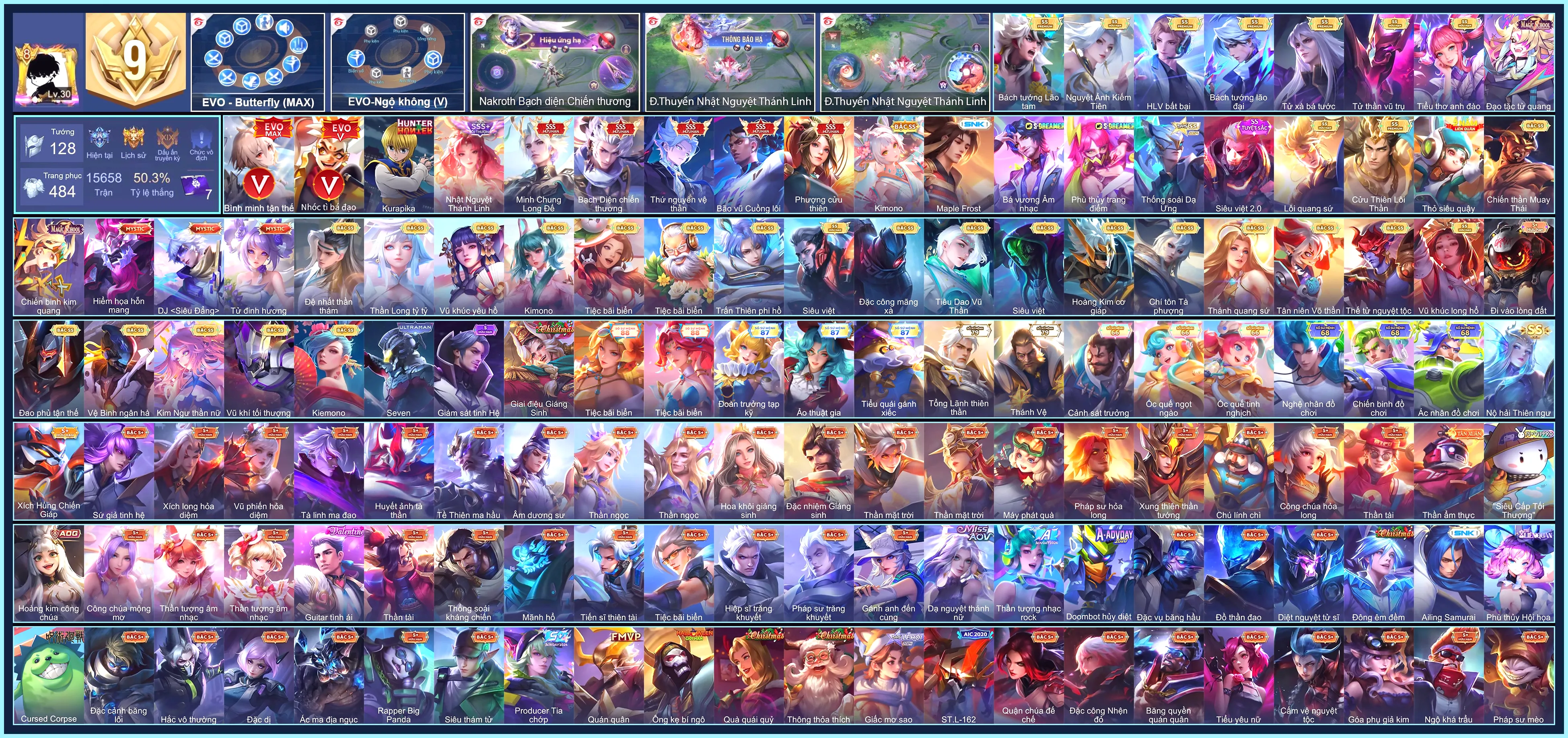(VIP 9) MÁC CHIẾN THẦN, Enzo Kurapika, Ryoma Maple Frost, Điêu Thuyền Nhật Nguyệt Thánh Linh, Raz Bão vũ Cuồng lôi, Nakroth thứ nguyên vệ thần, Nakroth Bạch diện chiến thương...
