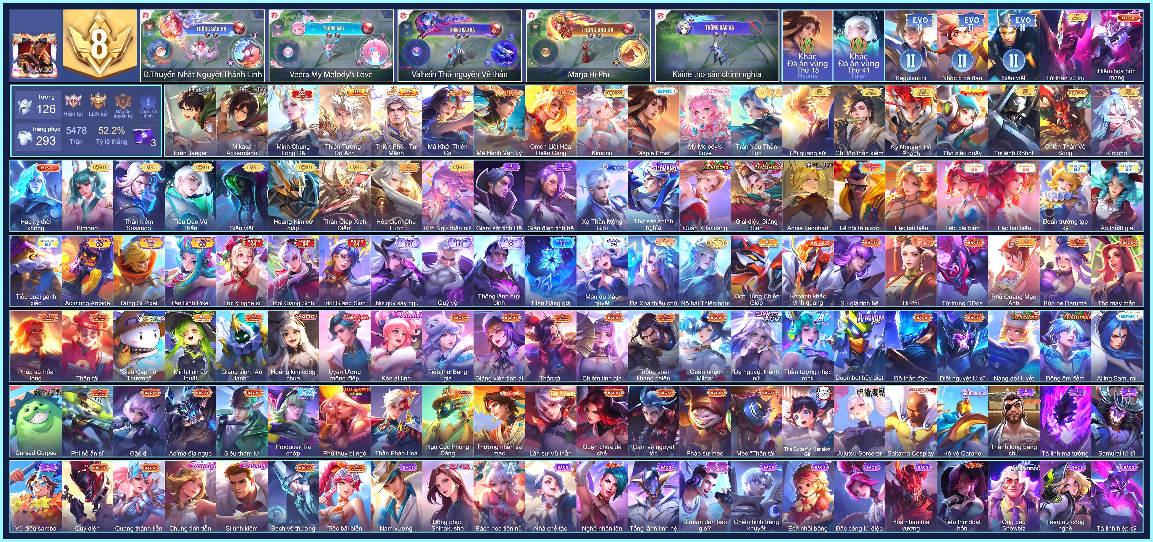 Aoi Mikasa Ackermann, Cresht Eren Jaeger, Ryoma Maple Frost, Triệu Vân Minh Chung Long Đế, Billow Thiên Tướng - Độ Ách, Bolt Baron Thiên Phủ - Tư Mệnh... chỉ cài SDT