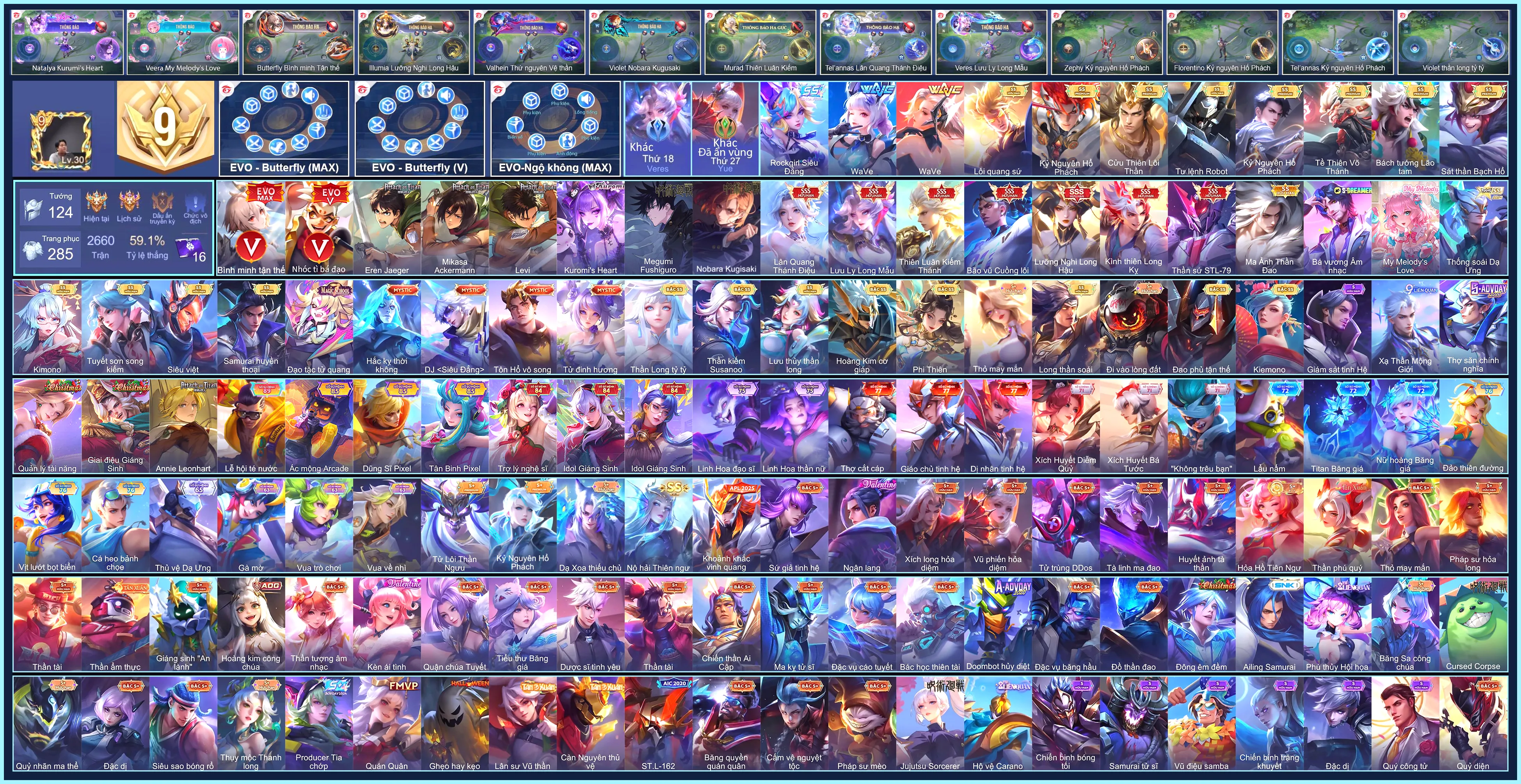 (VIP 9) Butter EVO 5 Max, Khỉ EVO 5 Max, 7 SKIN SSS, Nakroth Levi, Violet Nobara Kugisaki, Natalya Kurumis Heart, Aoi Mikasa Ackermann, Paine Megumi Fushiguro, Cresht Eren Jaeger... CHỈ CÀI SDT