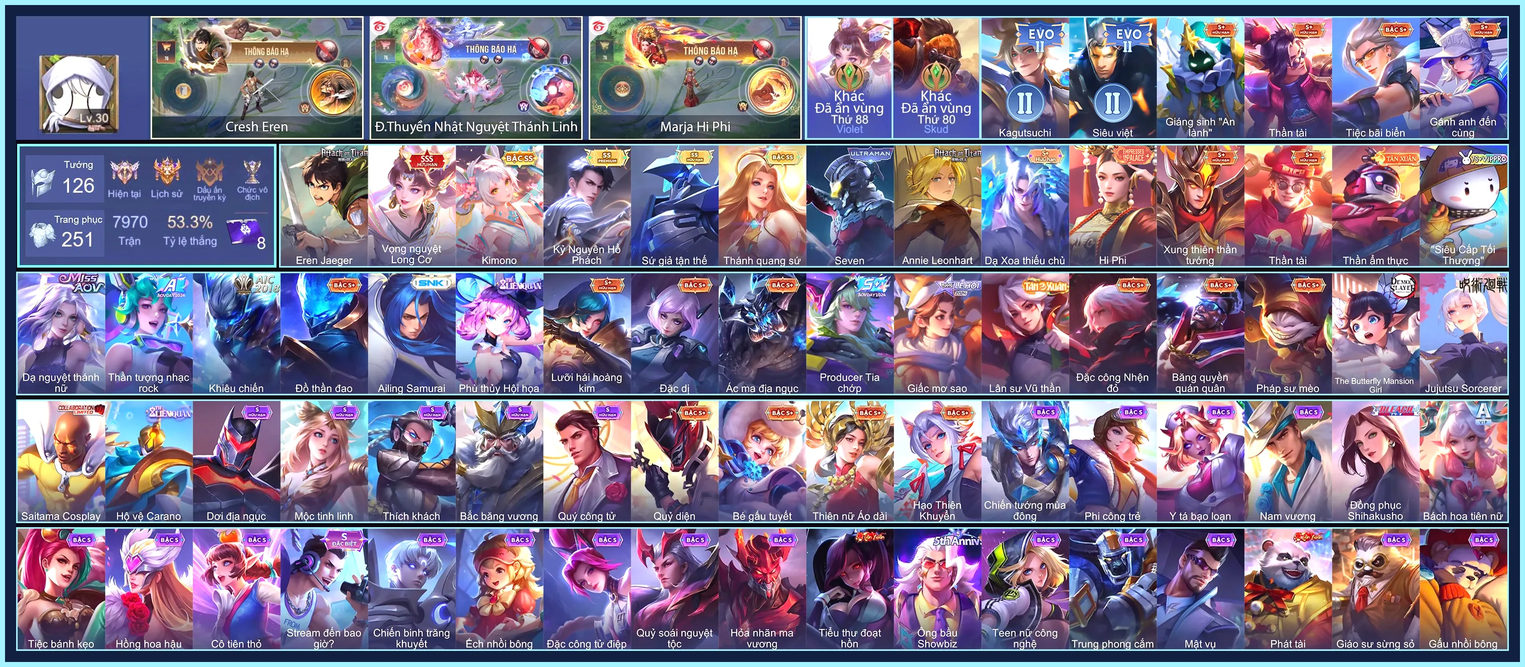 Cresht Eren Jaeger,  Violet Vọng nguyệt Long Cơ, Krixi Kimono, Lauriel Thánh quang sứ, Florentino Kỷ Nguyên Hổ Phách, Elsu Sứ giả tận thế... CHỈ CÀI SDT