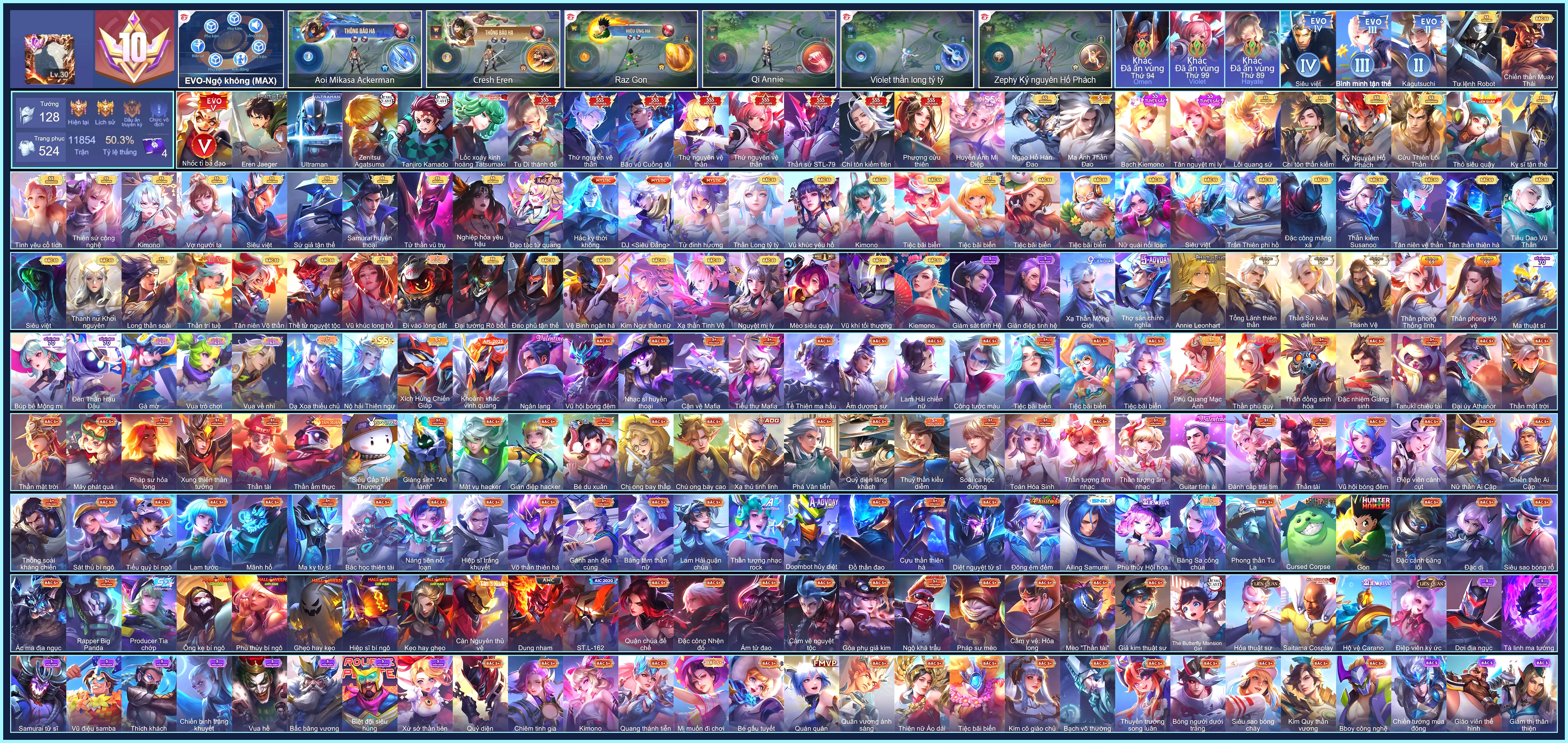 MÁC CHIẾN THẦN, Nakroth thứ nguyên vệ thần, Krixi Lốc Xoáy Kinh Hoàng, Ryoma Ultraman, Murad Zenitsu Agatsuma, Cresht Eren Jaeger, Yan Tanjiro Kamado...