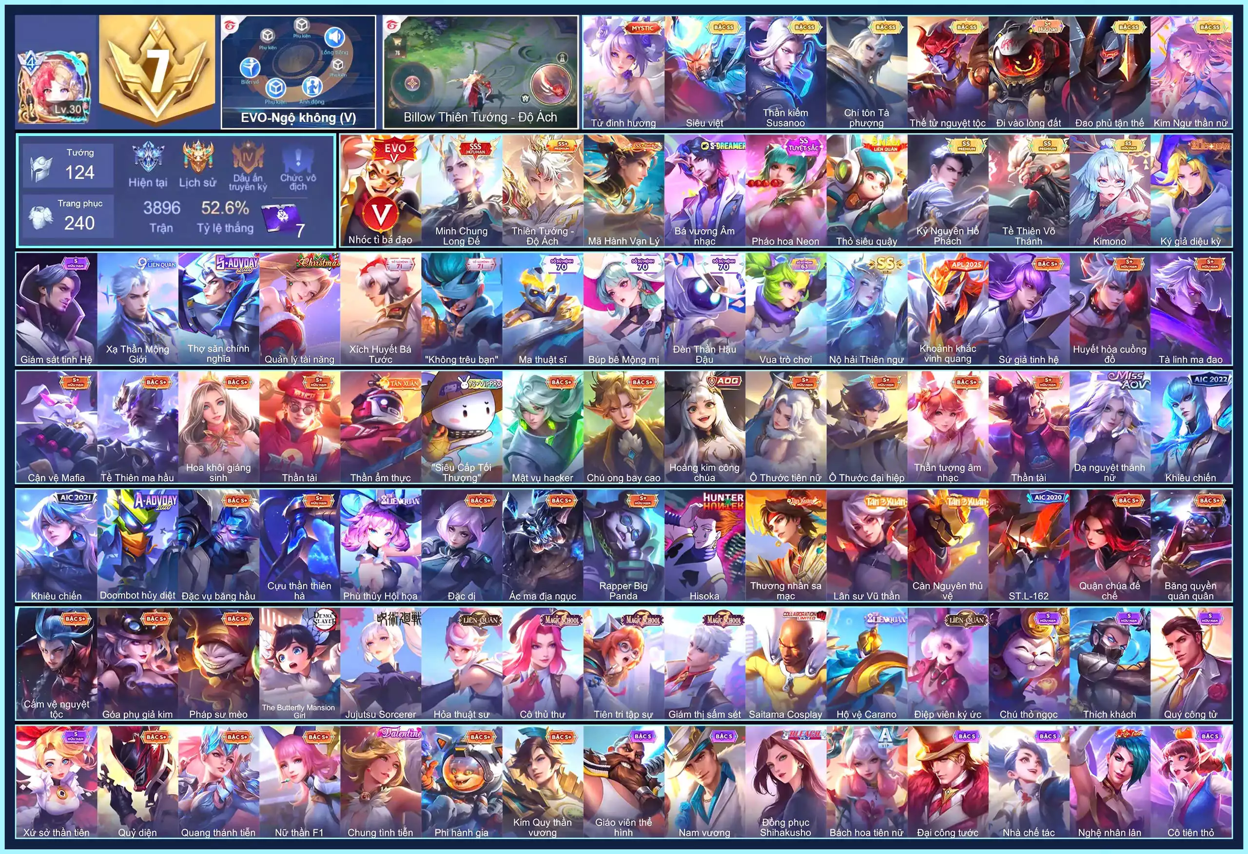 NK 5, Triệu Vân Minh Chung Long Đế, Valhein Mã Hành Vạn Lý, Veres Kimono, Richter Thần Kiếm Susanoo, Florentino Kỷ Nguyên Hổ Phách, Yorn Thế Tử Nguyệt Tộc, Butterfly Kim ngư thần nữ, Omen Đao phủ tận thế, Zata Chí tôn Tà Phượng, Ngộ Không Siêu việt, Ngộ Không Tề Thiên Võ Thánh, Ilumia Nộ hải Thiên ngư, Billow Thiên Tướng - Độ Ách...