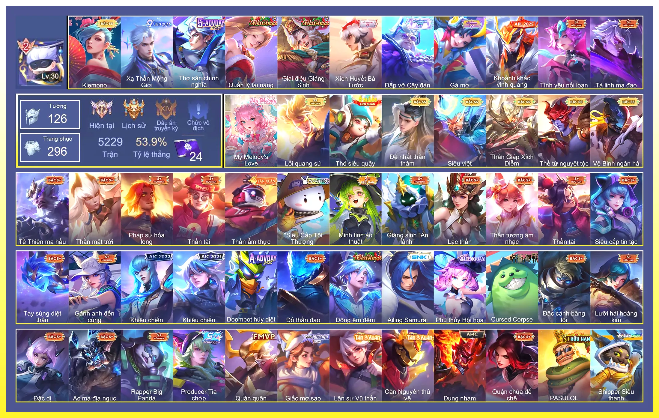 Valhein Đệ nhất thần thám, Ngộ Không Siêu việt, Ngộ Không Thần Giáp Xích Diễm, Yorn Thế Tử Nguyệt Tộc, Yorn Vệ Binh ngân hà, Airi Kiemono, Nakroth Lôi Quang Sứ…
