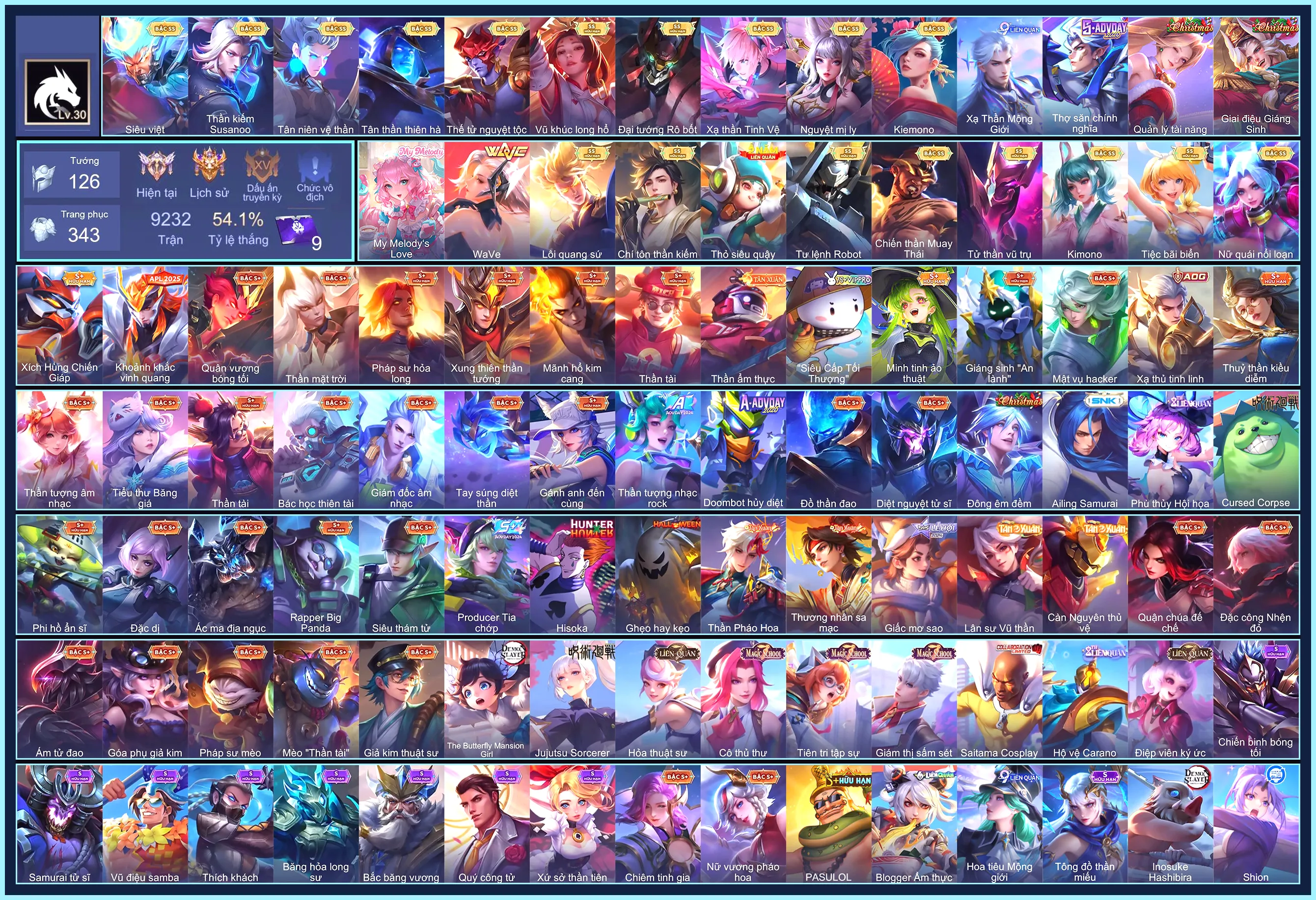 Nakroth Lôi Quang Sứ, Yena WaVe, Hayate Tử thần vũ trụ, Capheny Kimono, Richter Thần Kiếm Susanoo, Butterfly Nữ Quái Nổi Loạn, Murad Chí tôn thần kiếm, Laville Xạ Thần Tinh Vệ, Airi Kiemono, Raz Chiến thần Muay Thái, Arum Vũ khúc long hổ, Tulen Tân Thần Thiên Hà, Tulen Tân niên vệ thần, Maloch Đại Tướng Robot, Lữ Bố Tư lệnh Robot,.. mỗi sdt