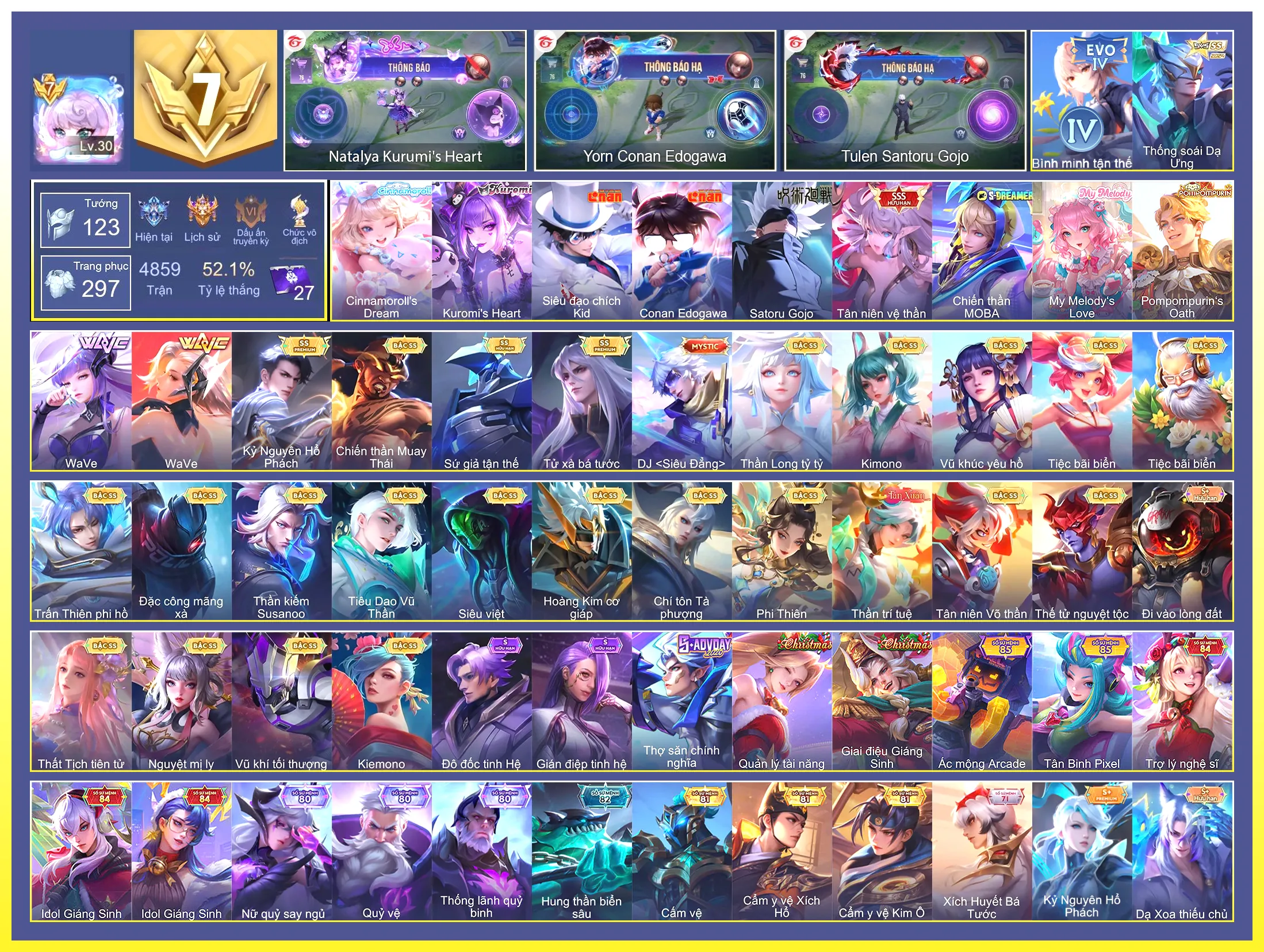 Yorn Conan Edogawa, Natalya Kurumis Heart, Hayate Siêu đạo chích Kid, Aya Cinnamorolls Dream, Laville Chiến thần MOBA, Tulen Satoru Gojo…