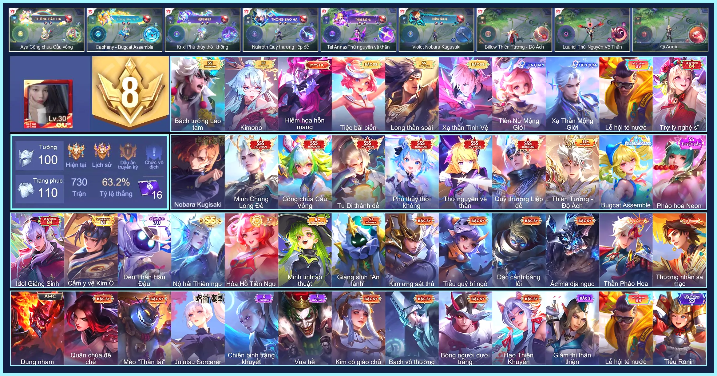 (VIP 8) Violet Nobara Kugisaki, Krixi Phù Thuỷ Thời Không, TelAnnas Thứ nguyên vệ thần, Hayate Tu Di Thánh Đế, Triệu Vân Minh Chung Long Đế, Aya Công chúa cầu vồng, Nakroth Quỷ Thương Liệp Đế... CHỈ CÀI SDT