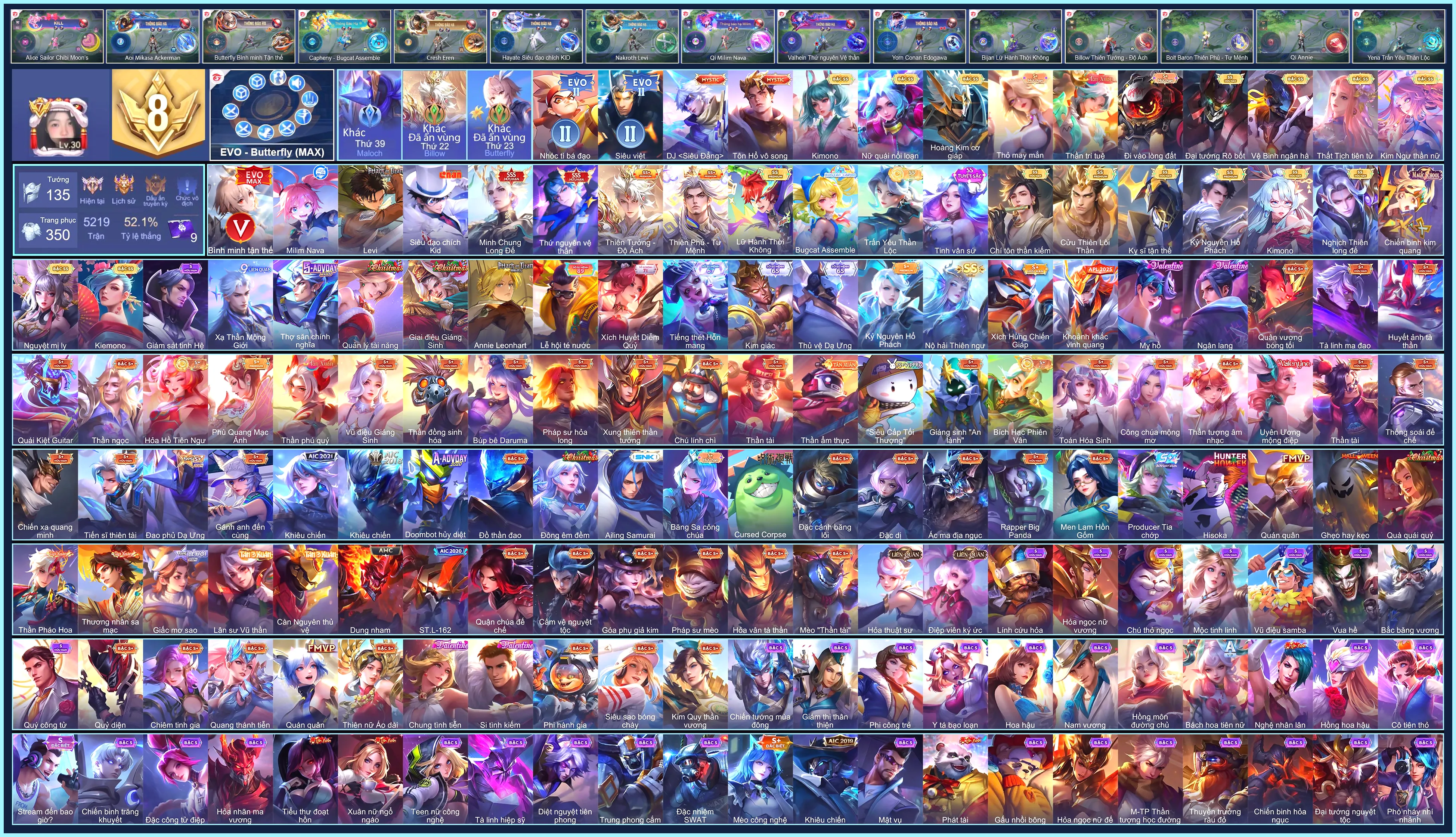 (VIP 8) Butter EVO 5 Max, Nakroth Levi, Qi Milim Nava, Hayate Siêu đạo chích Kid, Valhein Thứ Nguyên Vệ Thần, Triệu Vân Minh Chung Long Đế... CHỈ CÀI SDT