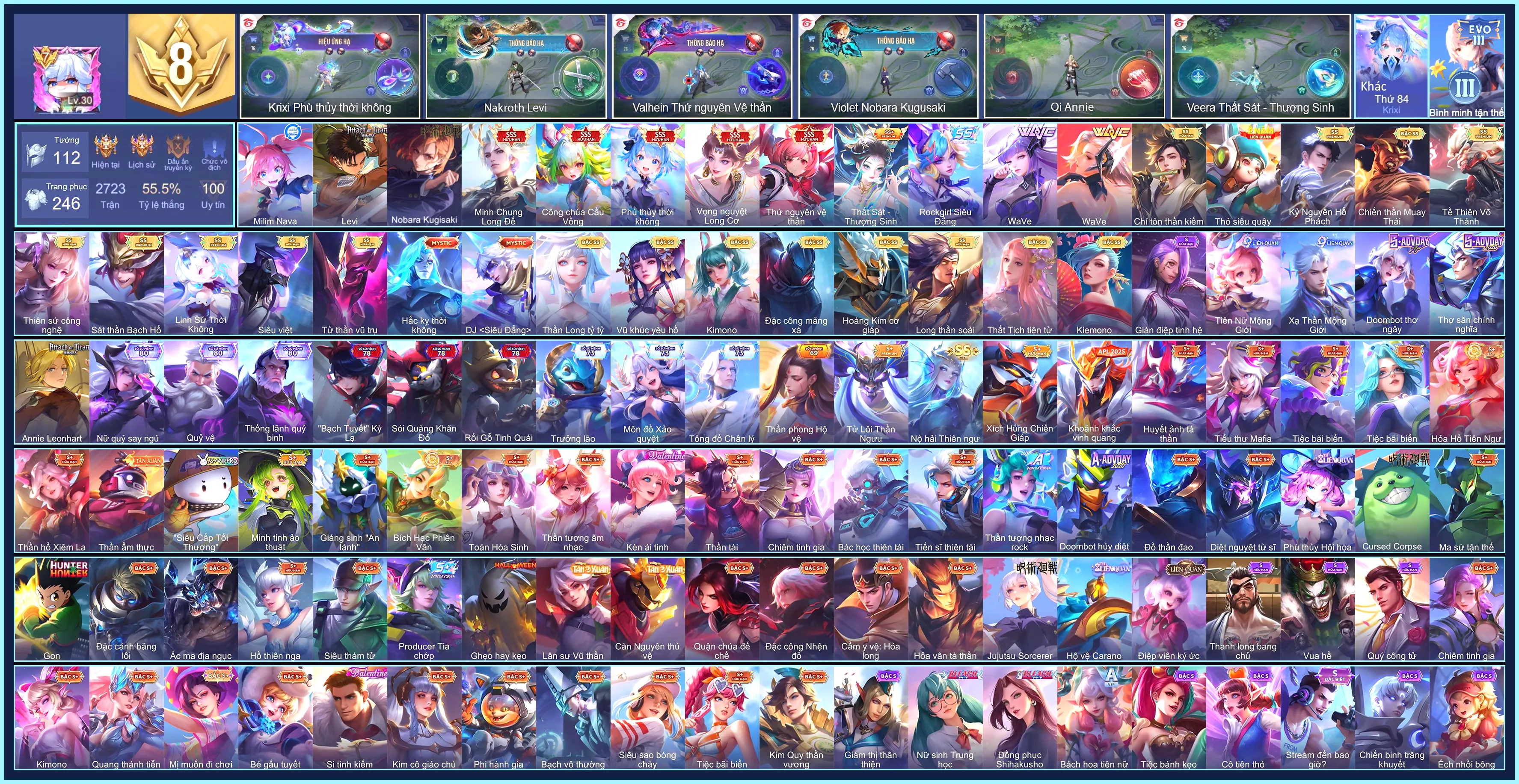 (VIP 8) Violet Nobara Kugisaki, Nakroth Levi, Qi Milim Nava, Krixi Phù Thuỷ Thời Không, Violet Thứ nguyên vệ thần, Violet Vọng nguyệt Long Cơ, Triệu Vân Minh Chung Long Đế, Aya Công chúa cầu vồng... CHỈ CÀI SDT