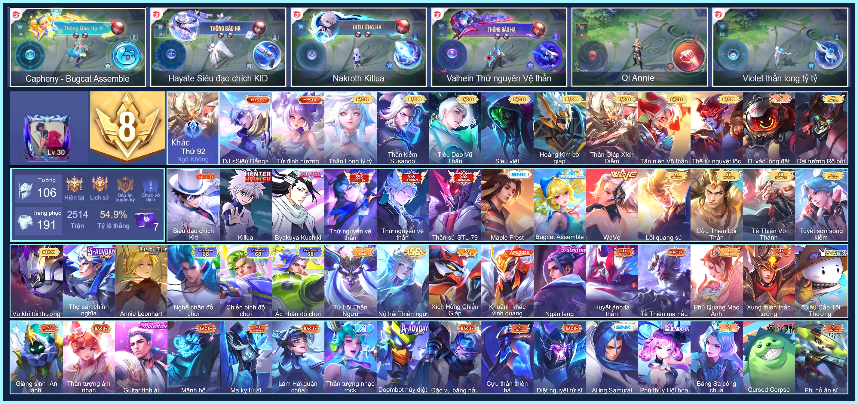 Valhein Thứ Nguyên Vệ Thần, Nakroth thứ nguyên vệ thần, Tulen Thần sứ ST.L-79, Hayate Siêu đạo chích Kid, Nakroth Killua, Murad Byakuya Kuchiki...