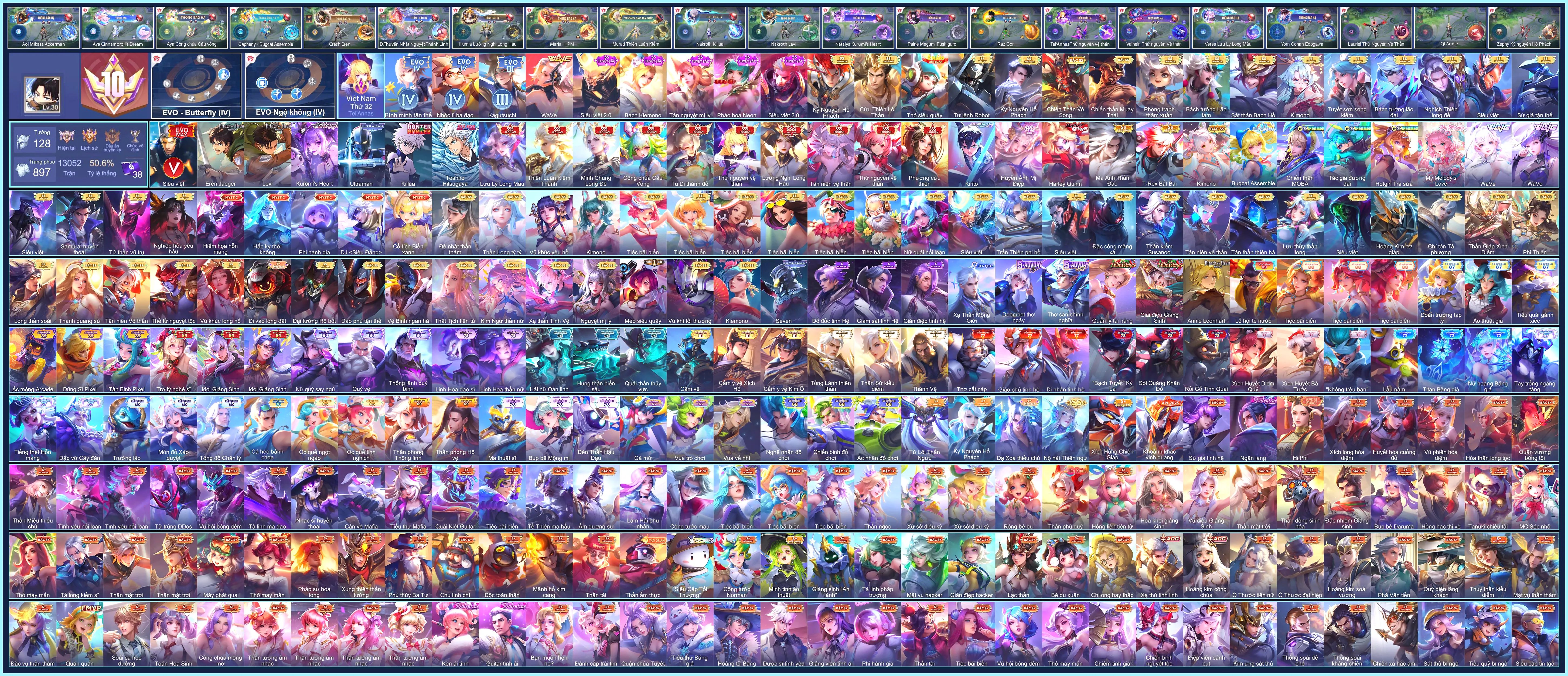 (VIP 10) 10 SKIN SSS, Natalya Kurumis Heart, Cresht Eren Jaeger, Ryoma Ultraman, Nakroth Killua, Nakroth Levi,  Allain Kirito, Bright Toshiro Hitsugaya...