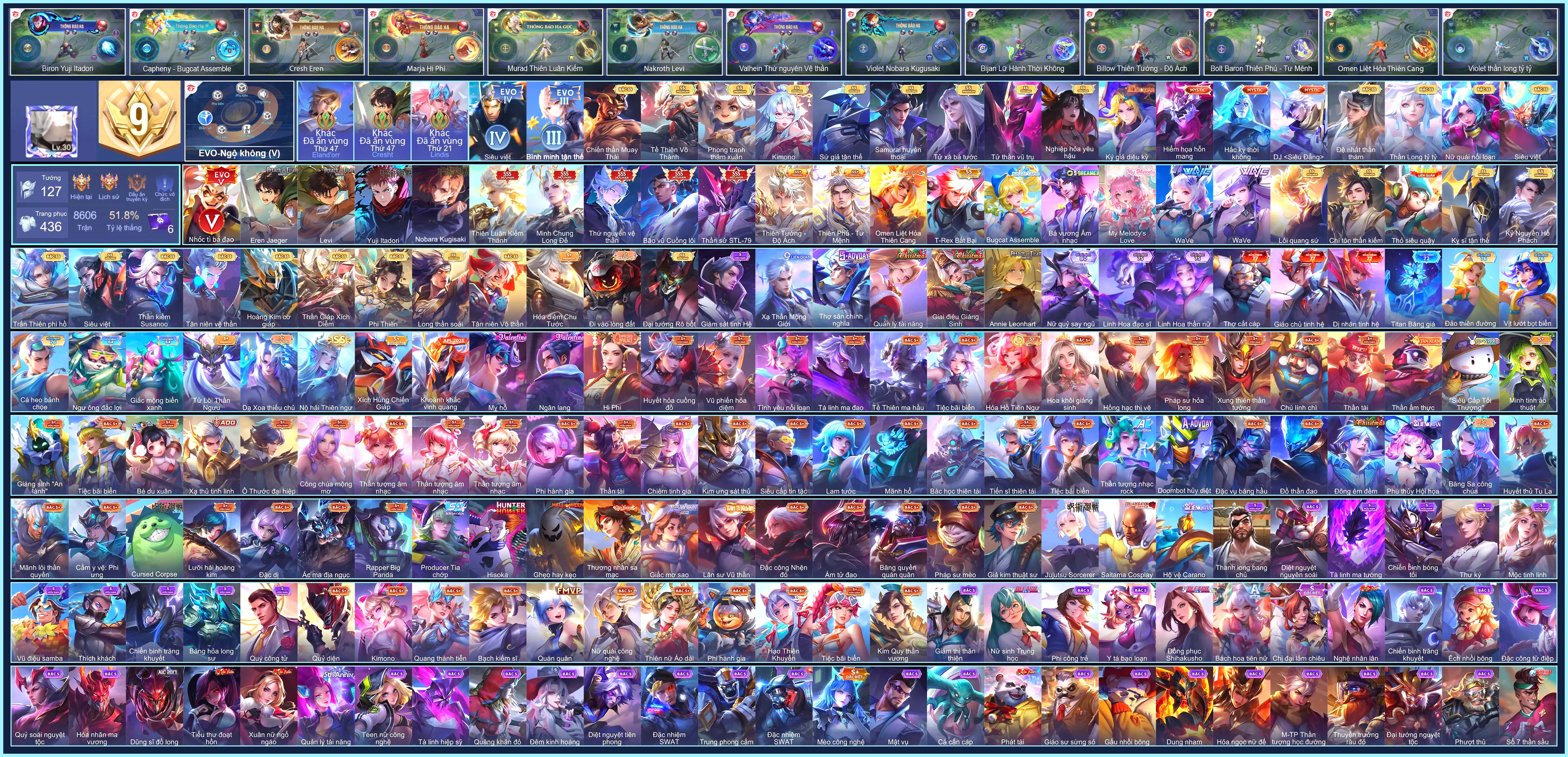 (VIP 9) Violet Nobara Kugisaki, Nakroth Levi, Cresht Eren Jaeger, Biron Yuji Itadori, Triệu Vân Minh Chung Long Đế, Murad Thiên Luân Kiếm Thánh, Nakroth thứ nguyên vệ thần, Tulen Thần sứ ST.L-79, Raz Bão vũ Cuồng lôi... CHỈ CÀI SDT