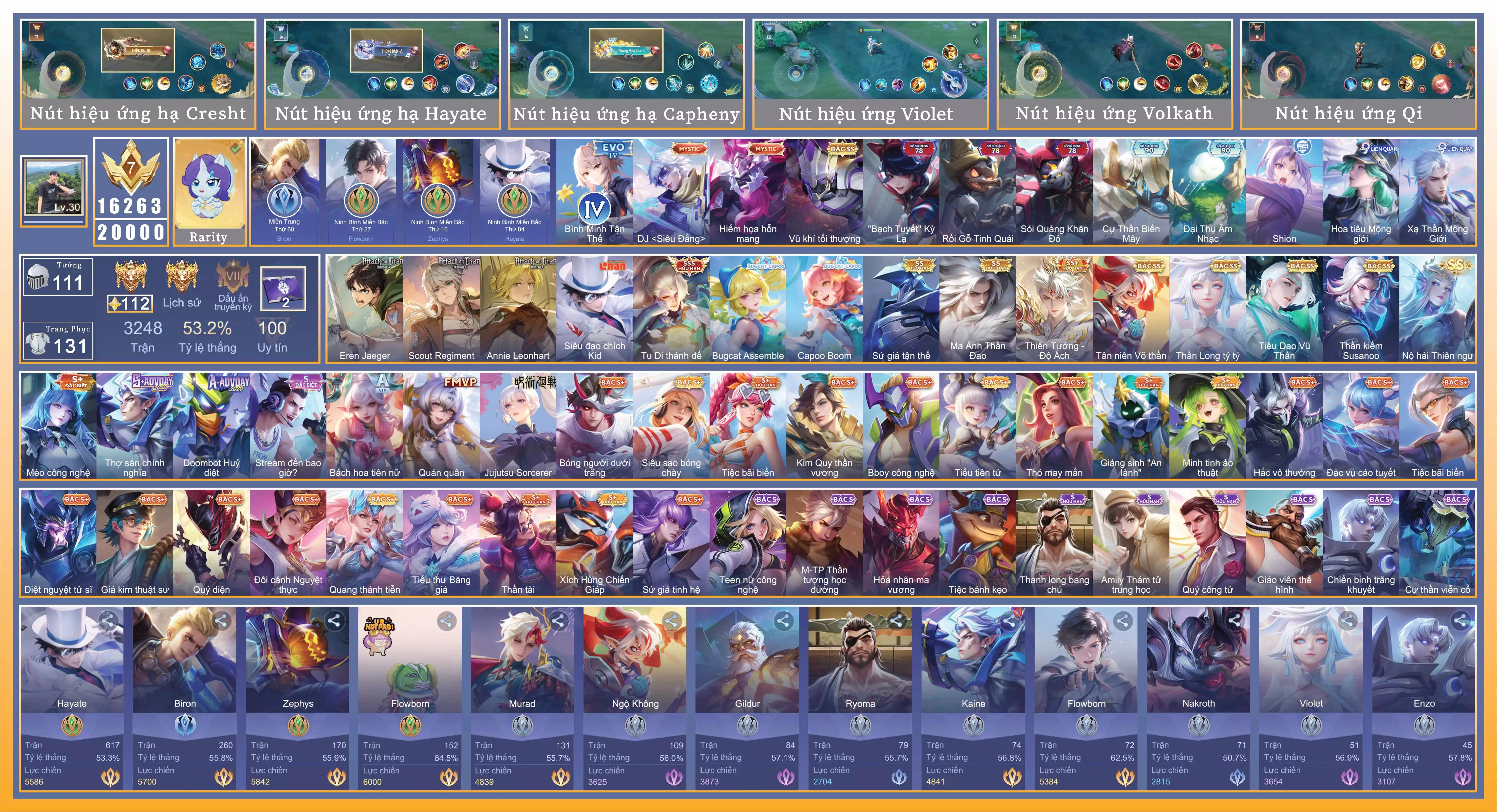 Hayate Tu Di Thánh Đế,Hayate Siêu đạo chích Kid, Cresht Eren Jaeger, Violet Thần long tỷ tỷ, Richter Thần Kiếm Susanoo, Ngộ Không Tân niên Võ Thần, Elsu Sứ giả tận thế, Tulen Tiêu Dao Vũ Thần, Billow Thiên Tướng - Độ Ách, Volkath Ma Ảnh Thần Đao ... MỖI SĐT