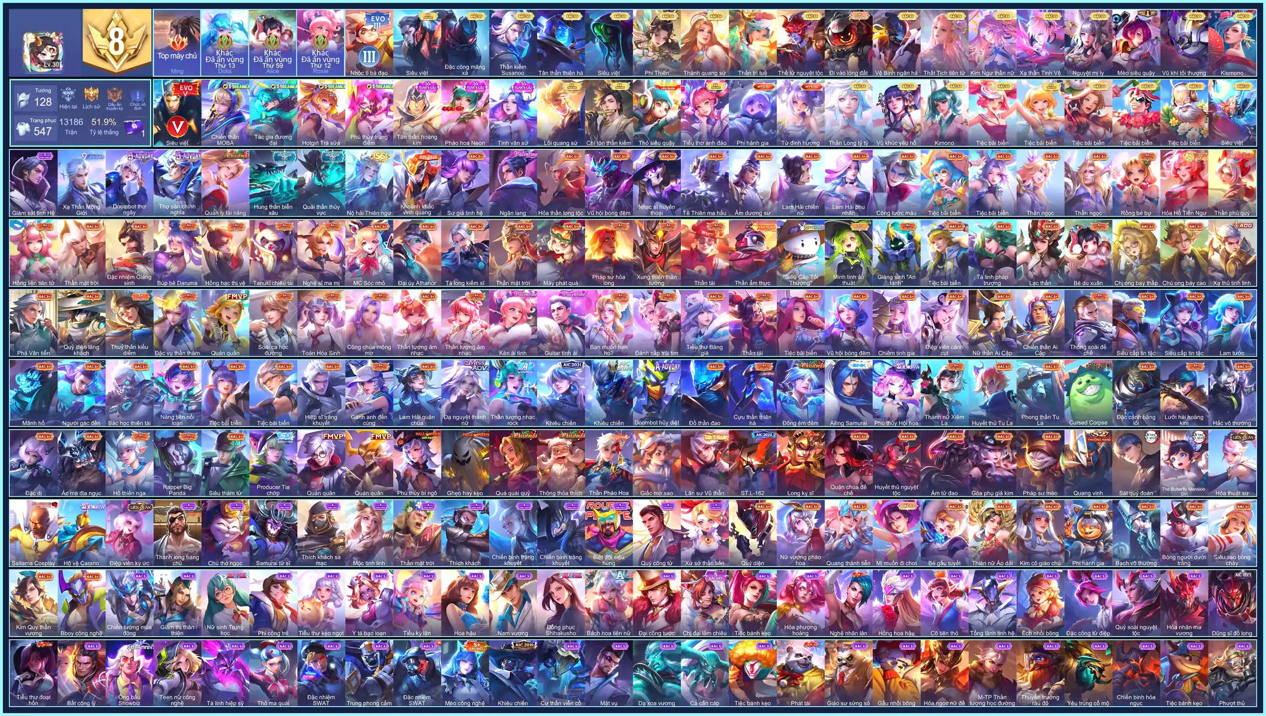 CỤC ĐỎ MING, NAK EVO 5, Laville Chiến thần MOBA, Zata Tác gia đương đại, Nakroth Lôi Quang Sứ, Violet Tiệc bãi biển, Violet Thần long tỷ tỷ, Krixi Tiệc Bãi Biển, Điêu Thuyền Tiệc bãi biển...MỖI SĐT