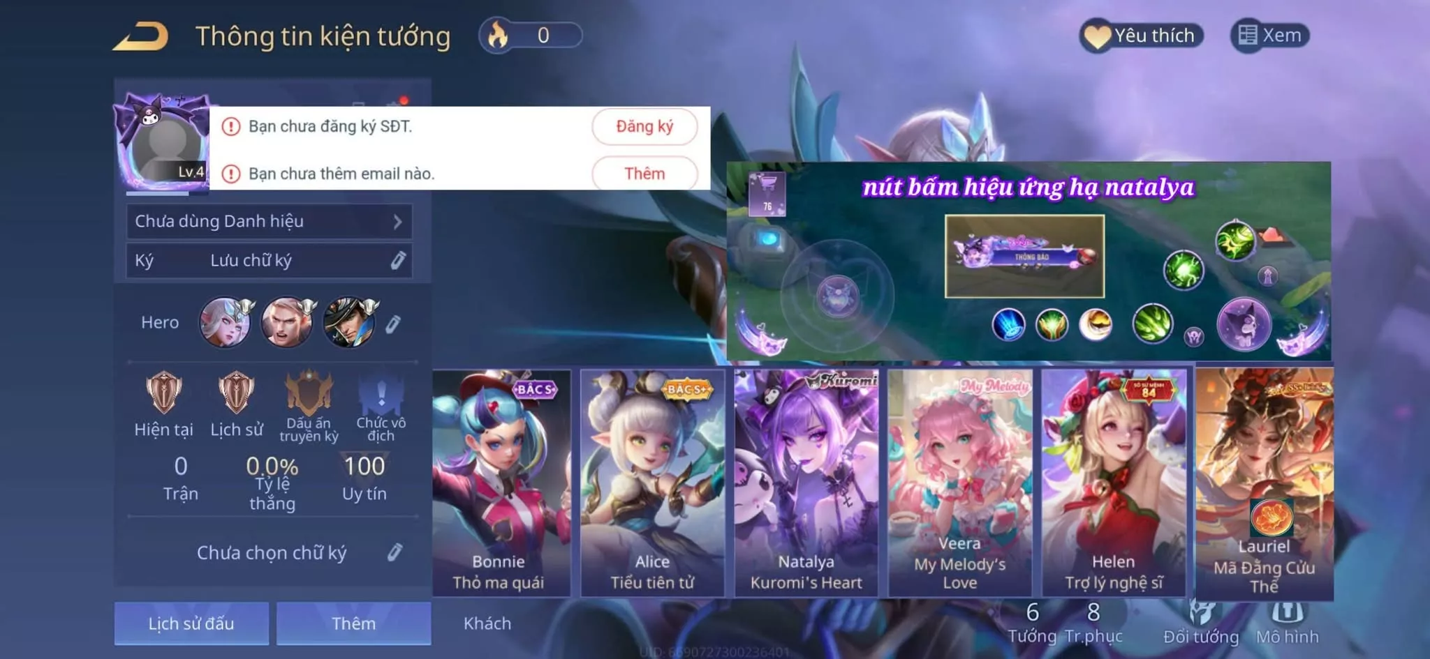 ACC REG LIÊN QUÂN: Natalya Kurumis Heart, Veera My Melodys Love, Bonnie Thỏ ma quái, Alice tiểu tiên tử, Lauriel Mã Đằng Cửu Thế… TRẮNG THÔNG TIN