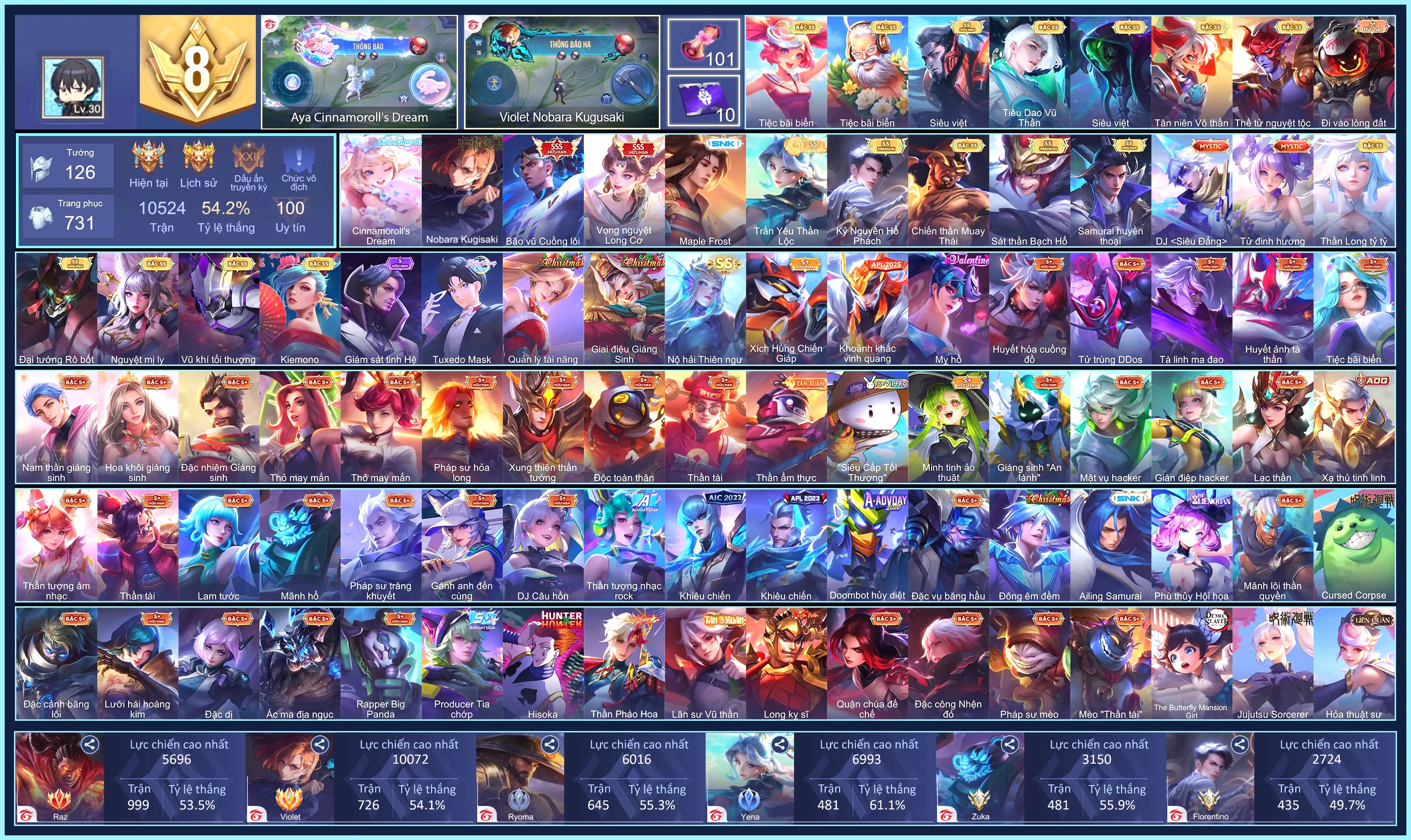 Violet Nobara Kugisaki, Aya Cinnamorolls Dream, Ryoma Maple Frost, Violet Vọng nguyệt Long Cơ, Raz Bão vũ Cuồng lôi...