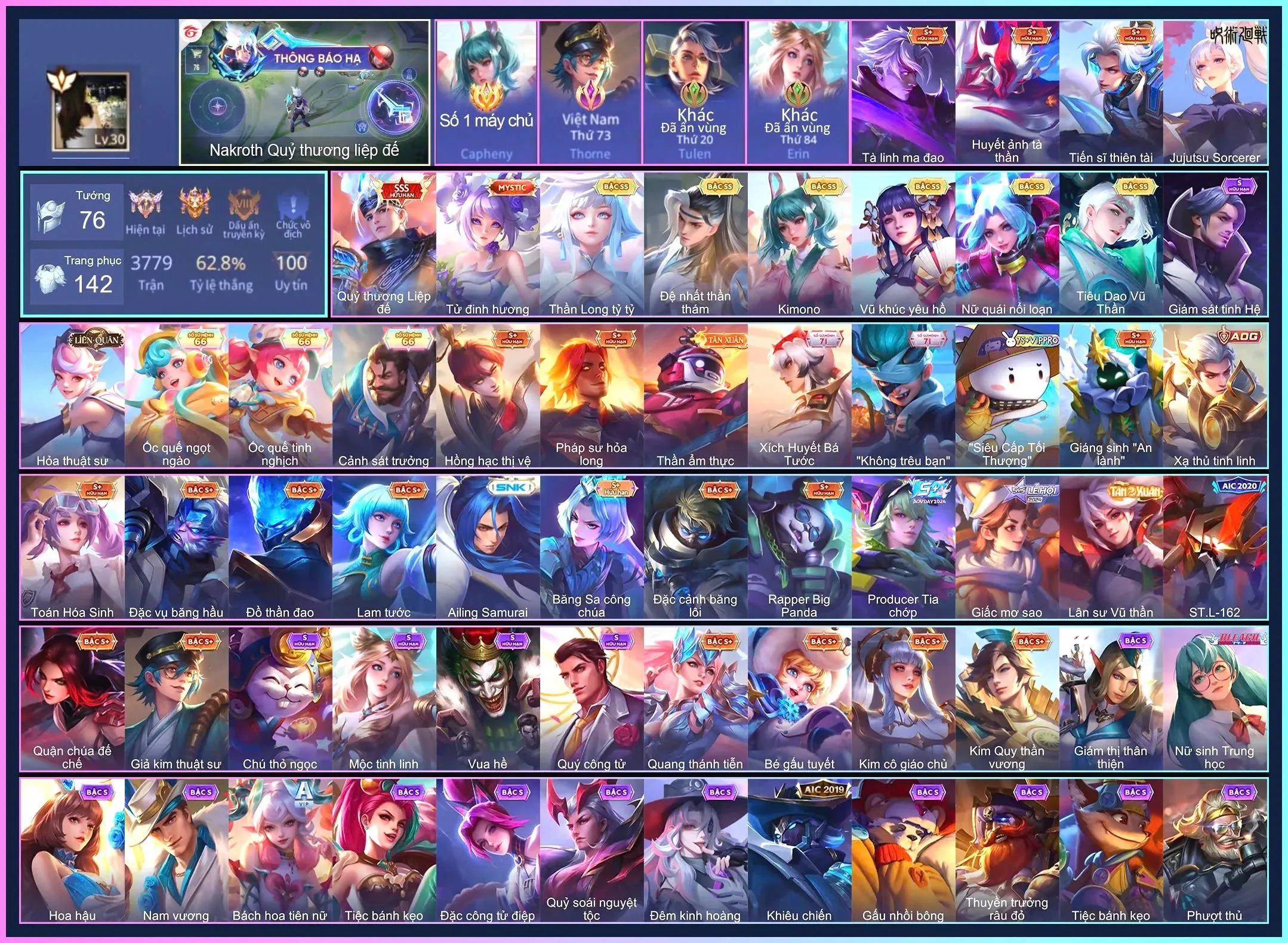 CỤC VÀNG CAPHENY, CỤC TÍM THORNE, Nakroth Quỷ Thương Liệp Đế, Violet Thần long tỷ tỷ, Capheny Kimono, Tulen Tiêu Dao Vũ Thần...
