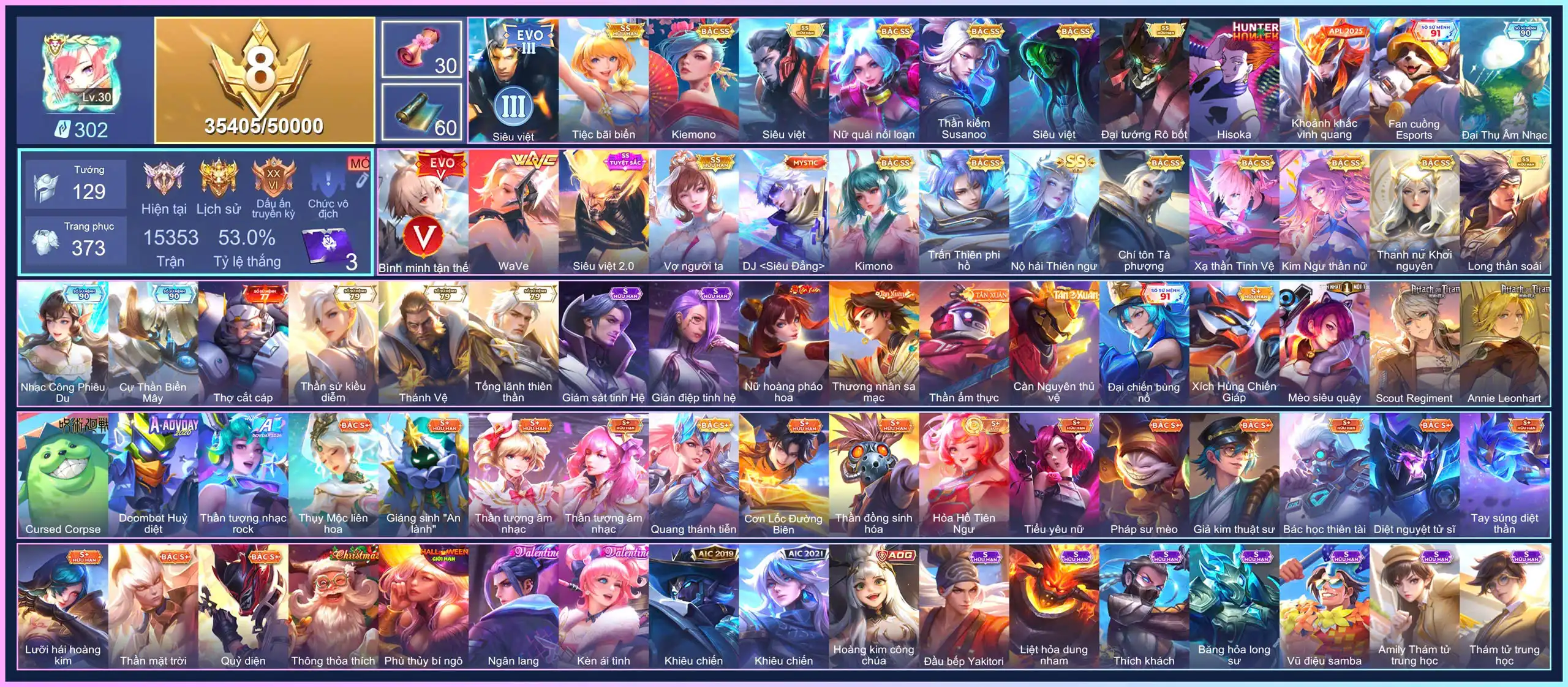 but 5 full, Butterfly Nữ Quái Nổi Loạn, Butterfly Kim ngư thần nữ, Butterfly Thánh nữ khởi nguyên, Ngộ Không Siêu việt 2.0, Airi Kiemono, Violet Tiệc bãi biển, Violet Vợ người ta, Murad Siêu việt, Maloch Đại Tướng Robot, Raz Siêu việt, Yorn Long thần soái, Ilumia Nộ hải Thiên ngư, Elsu Trấn thiên phi hồ, Yena WaVe, Capheny Kimono, Zata Chí tôn Tà Phượng, Laville Xạ Thần Tinh Vệ...CHỈ CÀI SDT