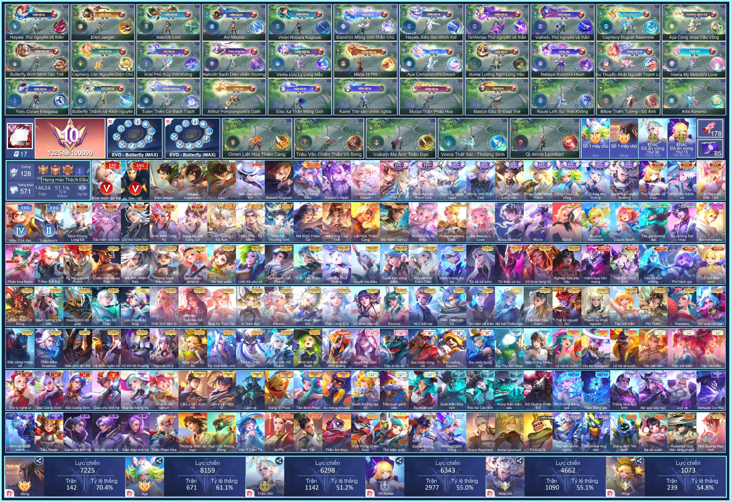 (VIP 10) MÁC THÁCH ĐẤU, CỤC VÀNG AYA, CỤC VÀNG MING, Butter EVO 5 Max, 18 SKIN SSS, 62 SKIN SS, 8 SKIN Anime VIP...