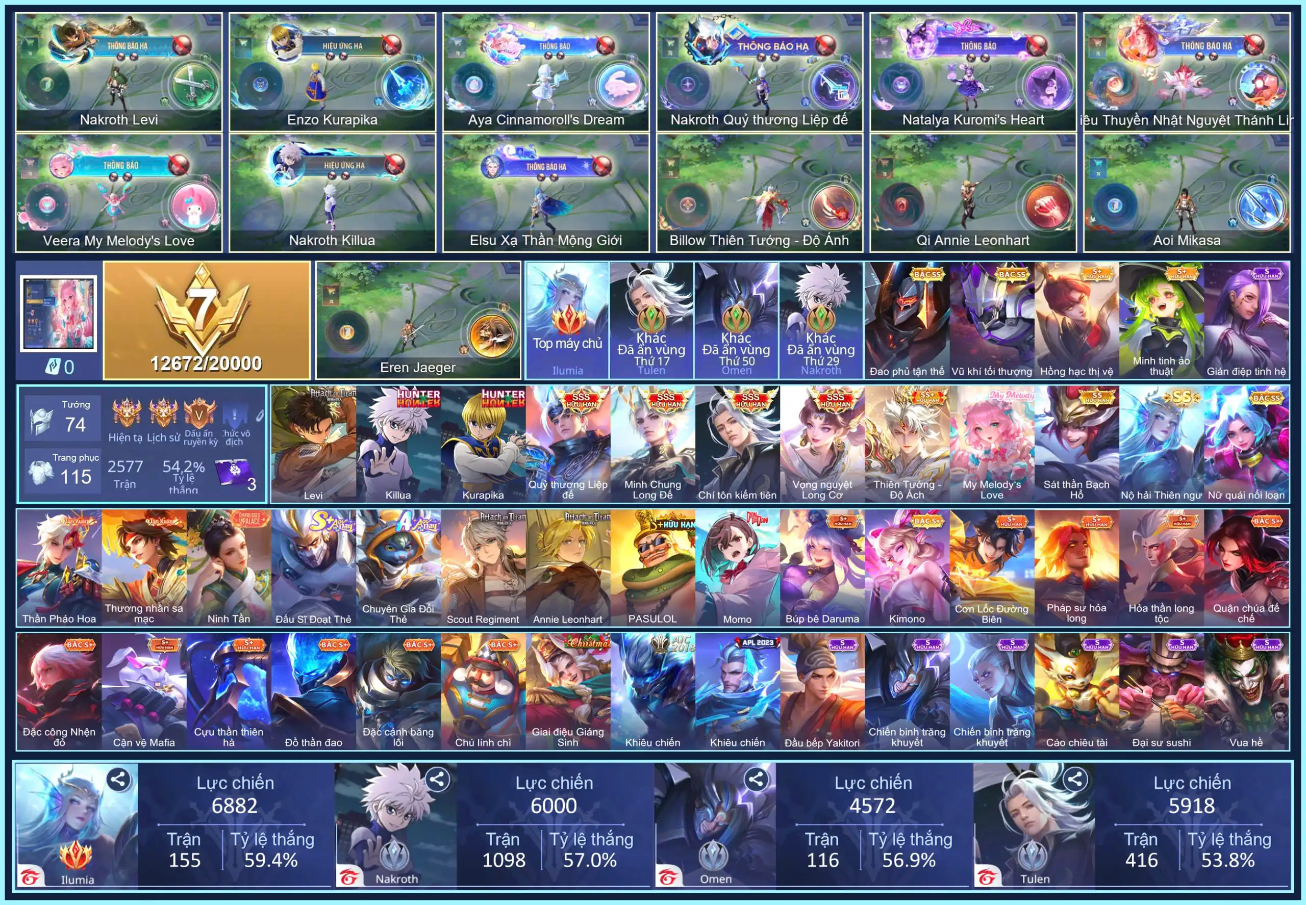 Nakroth Killua, Nakroth Levi, Enzo Kurapika,Violet Vọng nguyệt Long Cơ, Nakroth Quỷ Thương Liệp Đế, Triệu Vân Minh Chung Long Đế, Tulen Chí tôn kiếm tiên... CHỈ CÀI SDT
