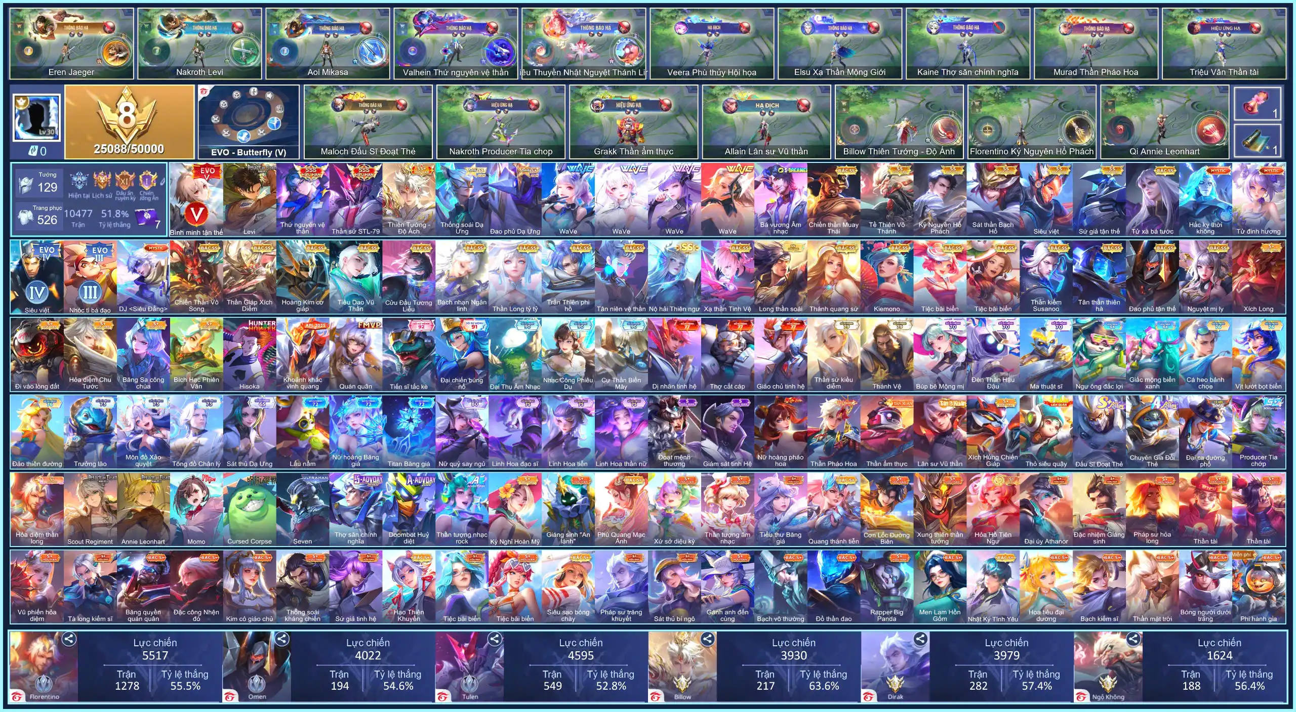(VIP 8) Butter EVO 5, Nakroth Levi, Valhein Thứ Nguyên Vệ Thần, Tulen Thần sứ ST.L-79...