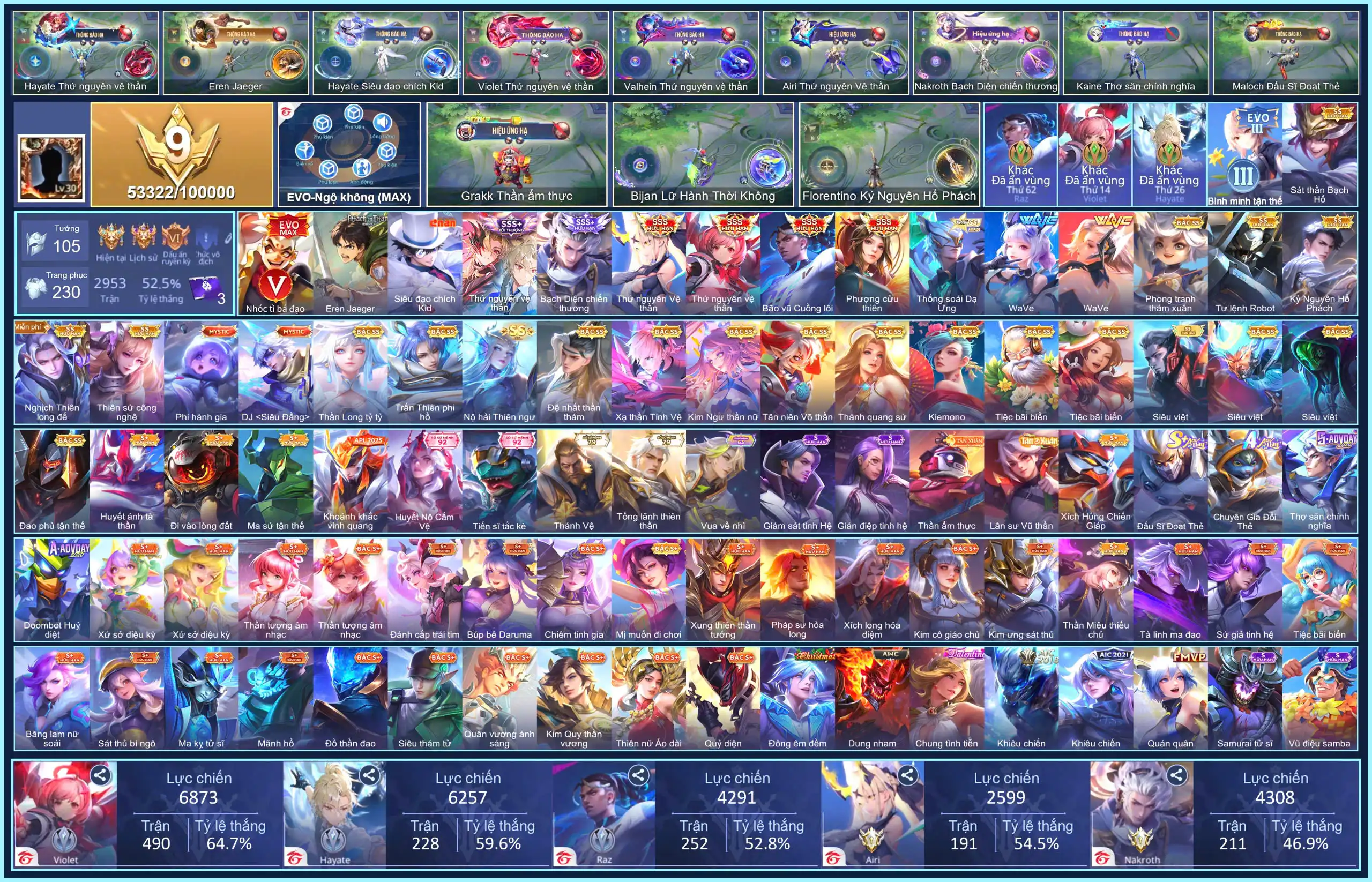(VIP 9) Ngộ EVO 5 Max, Cresht Eren Jaeger, Hayate Siêu đạo chích Kid, Butterfly Phượng Cửu Thiên, Violet Thứ nguyên vệ thần, Airi Thứ nguyên Vệ thần, Nakroth Bạch diện chiến thương, Raz Bão vũ Cuồng lôi, Hayate Thứ Nguyên Vệ Thần...