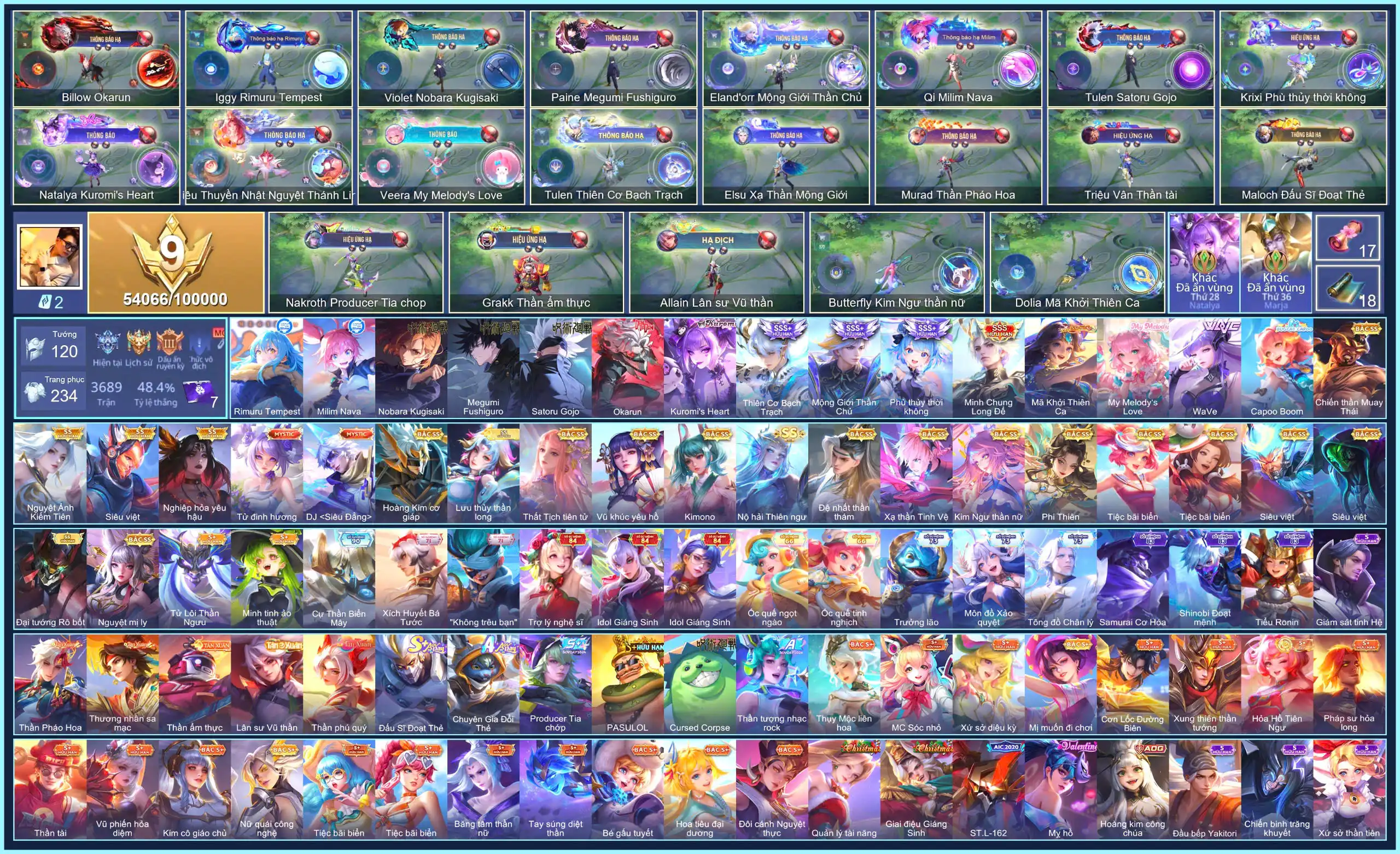 (VIP 9) 4 SKIN SSS, Billow Okarun, Paine Megumi Fushiguro, Tulen Satoru Gojo, Iggy Rimuru Tempest, Qi Milim Nava... CHỈ CÀI SDT