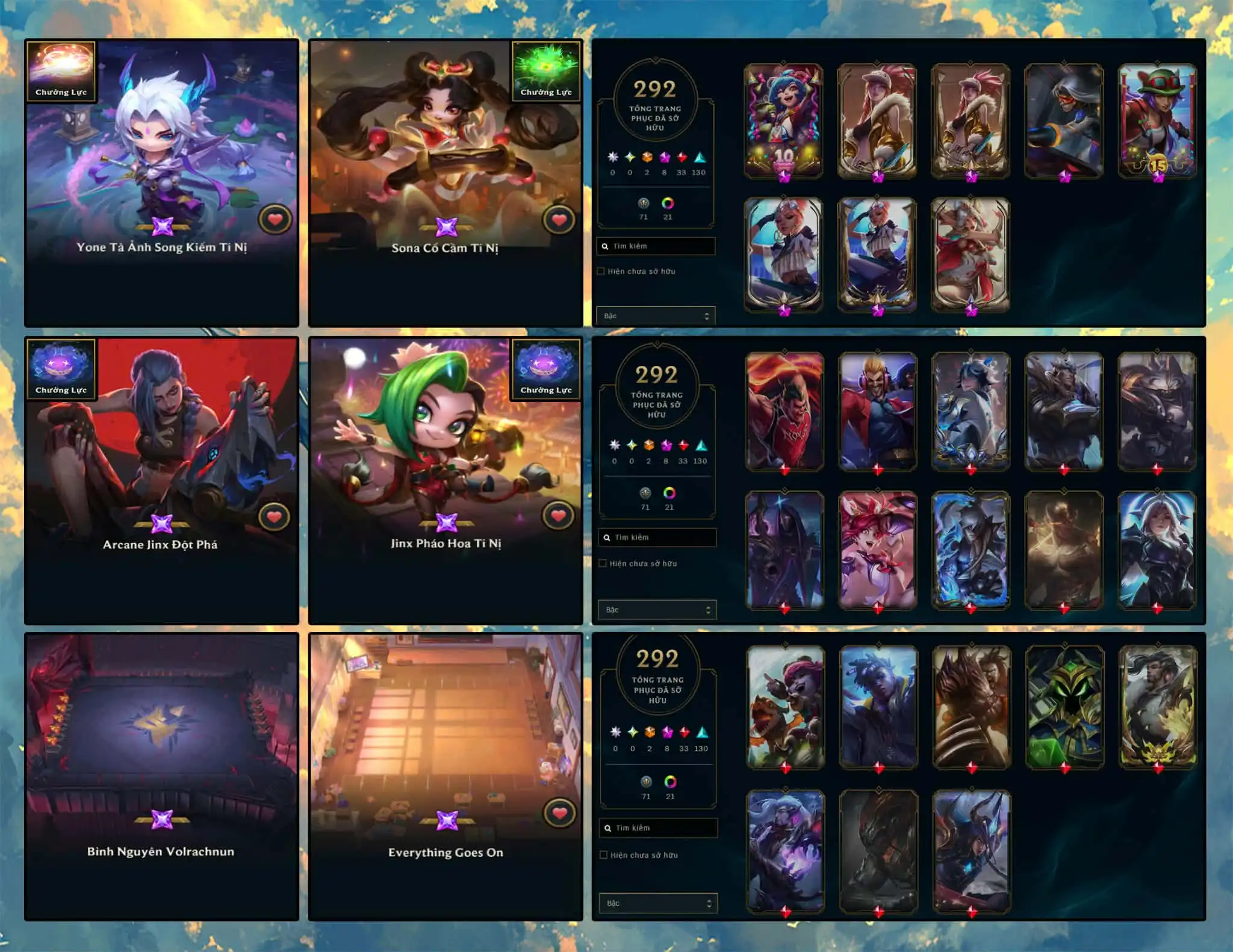 Yone tà ảnh song kiếm, Sona cổ cầm, Arcane Jinx đột phá, Jinx pháo hoa, Sân Bình nguyên Volrachnum, Sân Everything Goes On... LOL 292 SKIN