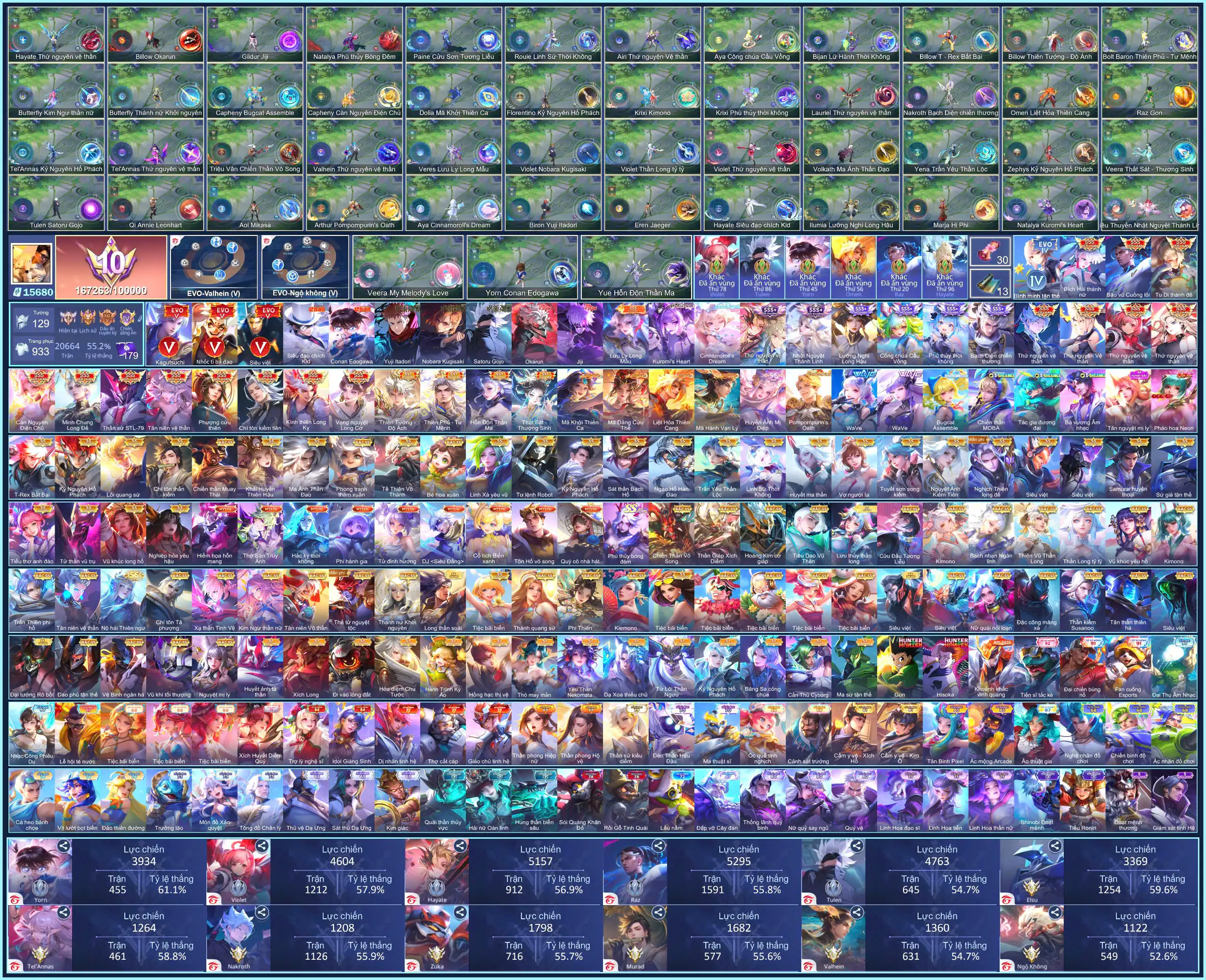 (VIP 10) 933 Tổng skin, 23 SSS, 87 SS, 11 Anime VIP... DƯ 15680 Quân Huy