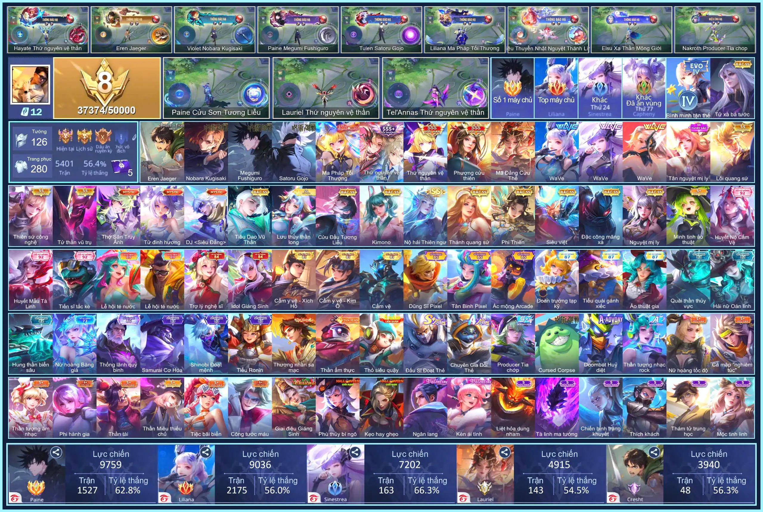 (VIP 8) MÁC CHIẾN THẦN, CỤC VÀNG PAINE, Violet Nobara Kugisaki, Paine Megumi Fushiguro, Tulen Satoru Gojo, Cresht Eren Jaeger, TelAnnas Thứ nguyên vệ thần, Butterfly Phượng Cửu Thiên, Hayate Thứ Nguyên Vệ Thần, Liliana Ma Pháp Tối Thượng... SDT ĐỔI, MAIL XÓA