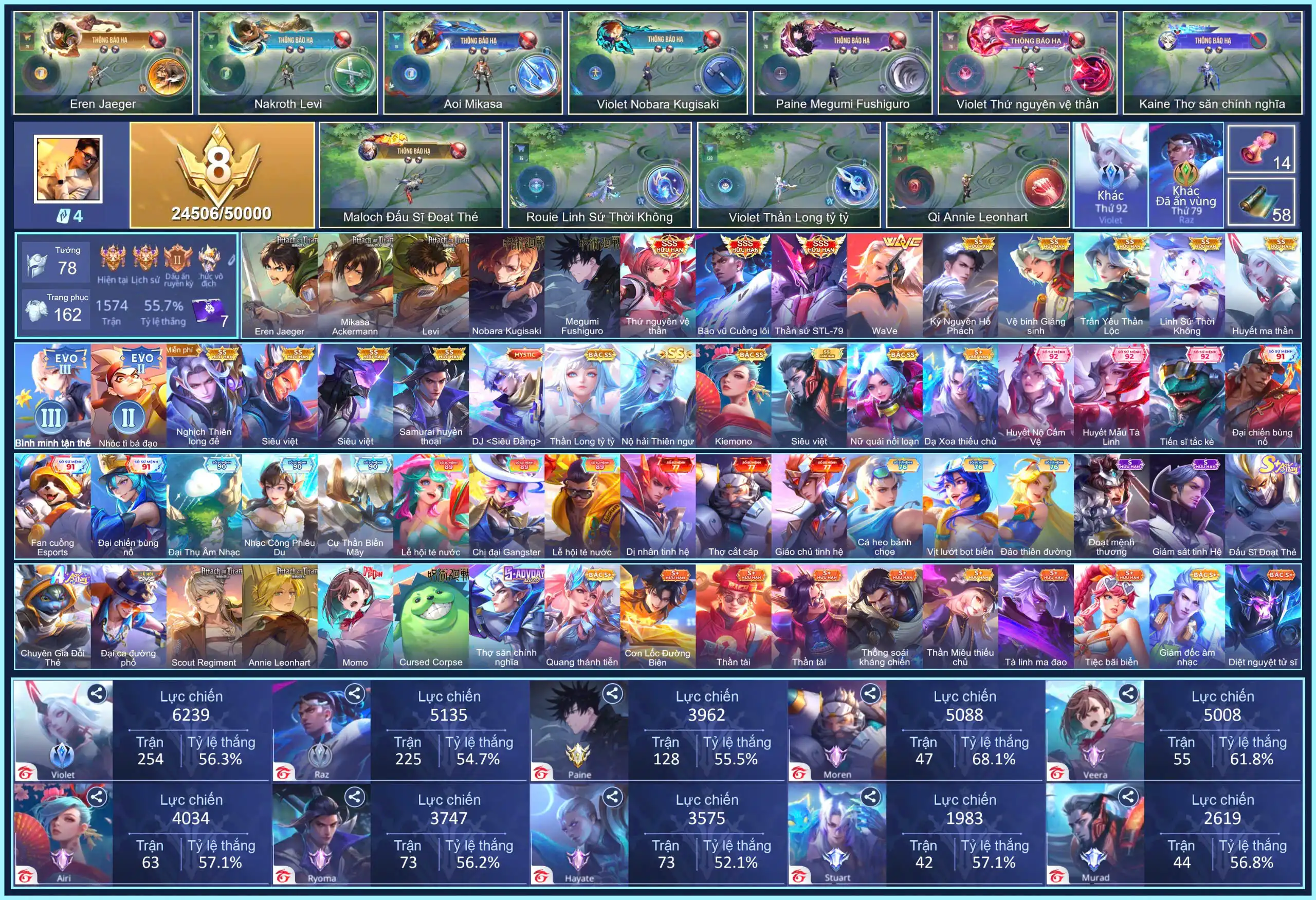 Tulen Thần sứ ST.L-79, Violet Thứ nguyên vệ thần, Raz Bão vũ Cuồng lôi, Violet Nobara Kugisaki, Paine Megumi Fushiguro, Nakroth Levi, Cresht Eren Jaeger, Aoi Mikasa Ackermann... CHỈ CÀI SDT