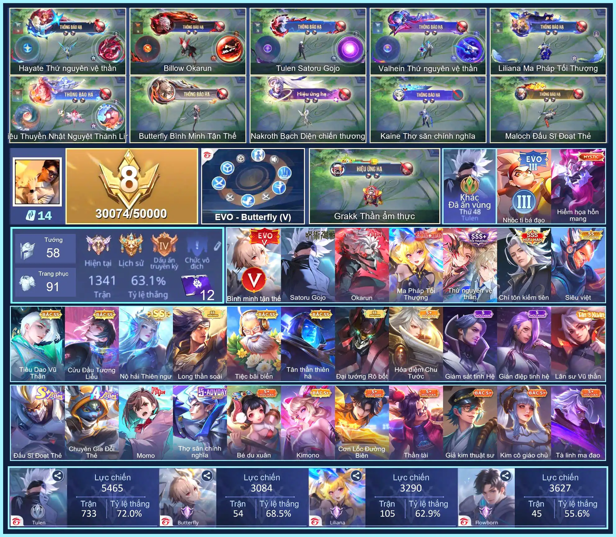 (VIP 8) Butter EVO 5, Tulen Satoru Gojo, Billow Okarun, Liliana Ma Pháp Tối Thượng, Tulen Chí tôn kiếm tiên, Hayate Thứ Nguyên Vệ Thần... CHỈ CÀI SDT