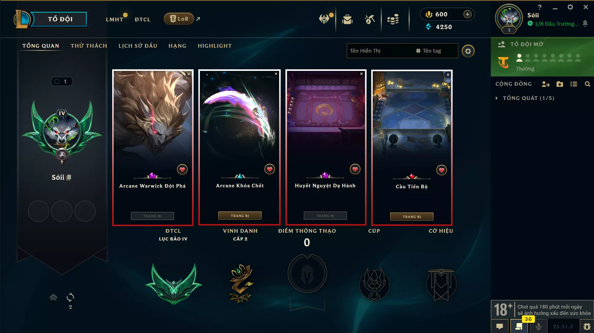 Arcane Warwick đột phá + chưởng Arcane khóa chết, Sàn Huyết Nguyệt Dạ Hành, dư 600 RP... Gmail ảo chưa xác thực