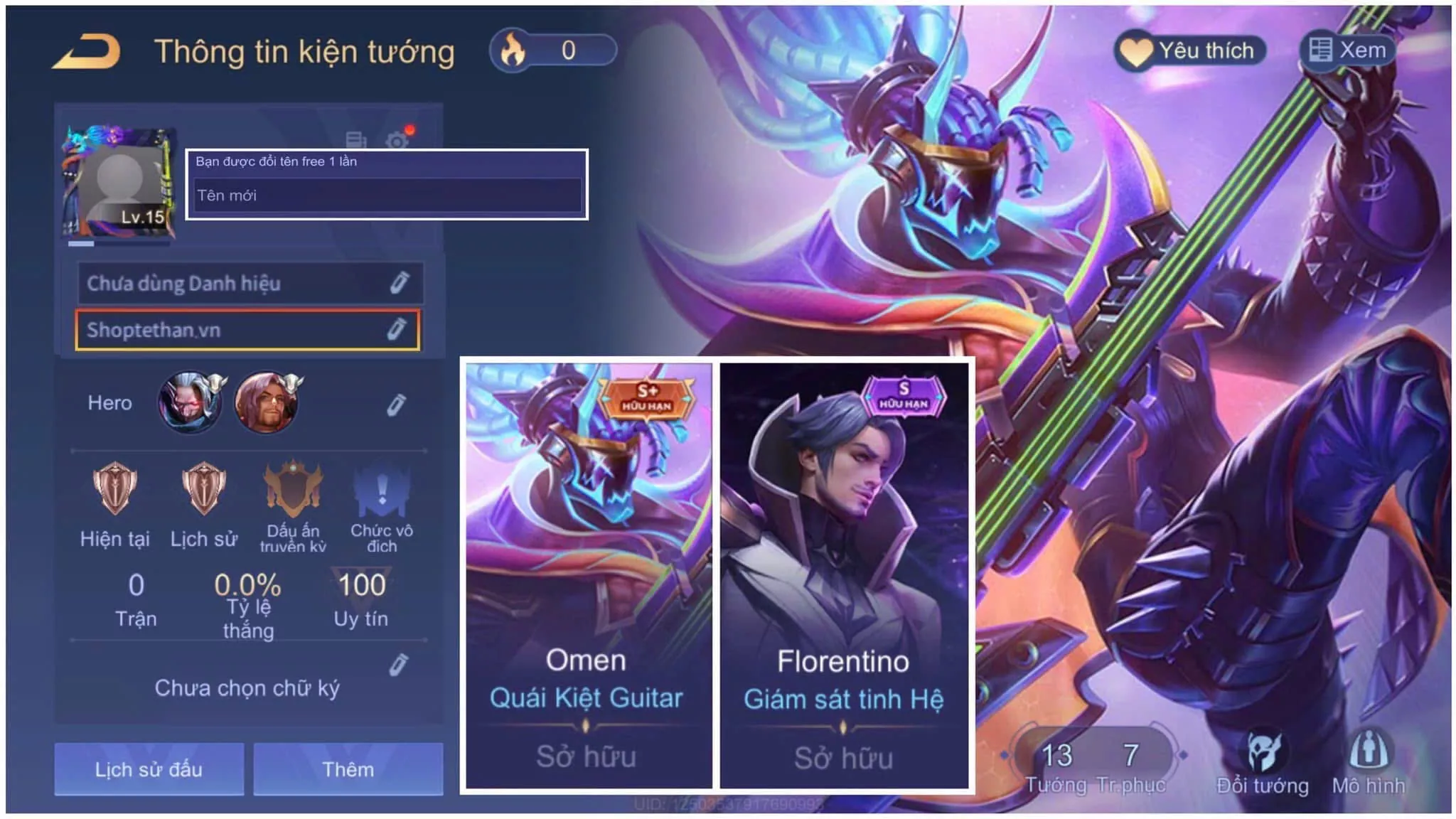 ACC REG/CLONE: Florentino giám sát tinh hệ, Omen quái kiệt Guitar.... Free đổi tên, trắng thông tin