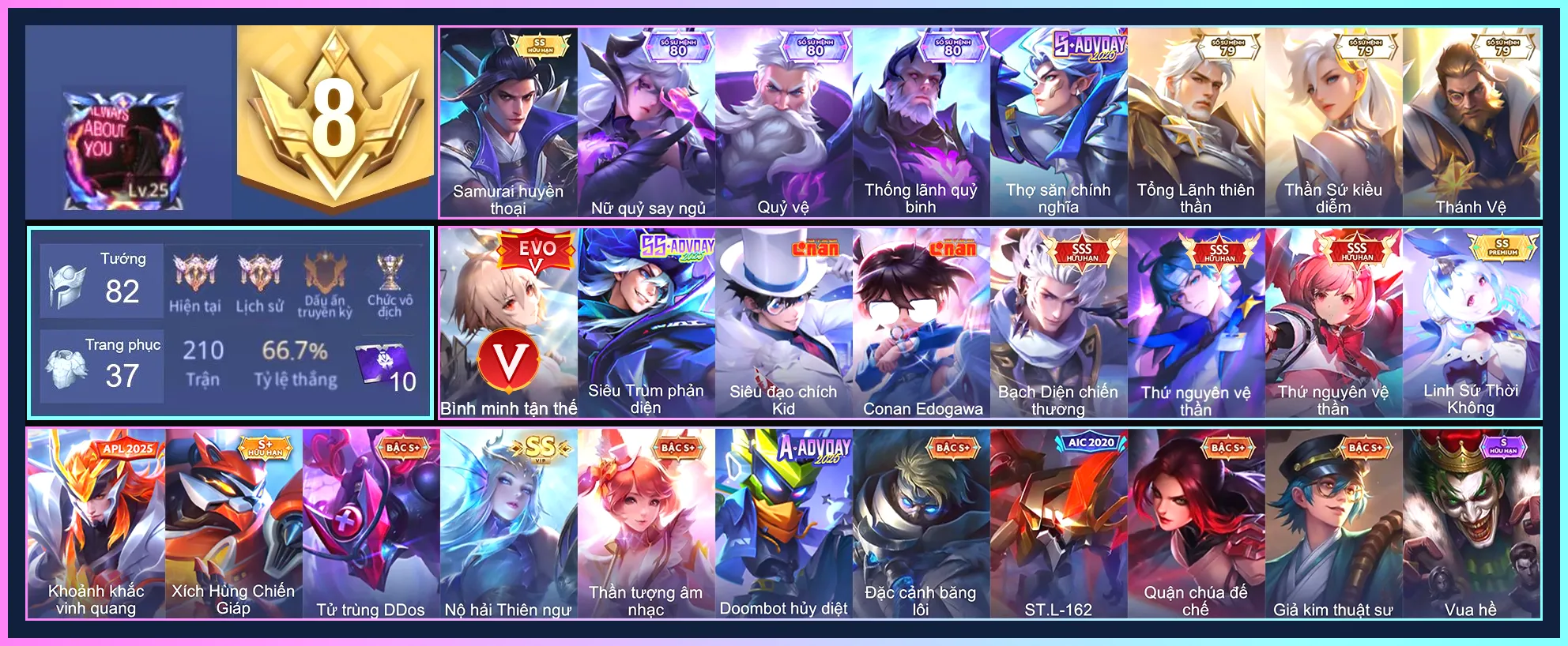 (VIP 8) Hayate Siêu đạo chích Kid, Yorn Conan Edogawa, Valhein Thứ Nguyên Vệ Thần, Violet Thứ nguyên vệ thần, Nakroth Bạch diện chiến thương... TRẮNG THÔNG TIN